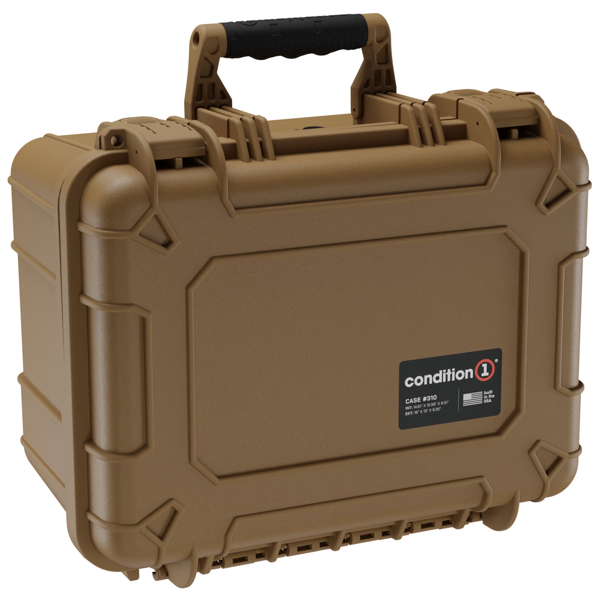 Alt text: Durable tan-colored Condition 1 hard case, medium size 16 inches, model #310, featuring a sturdy handle and secure latches, suitable for protecting equipment and valuables.