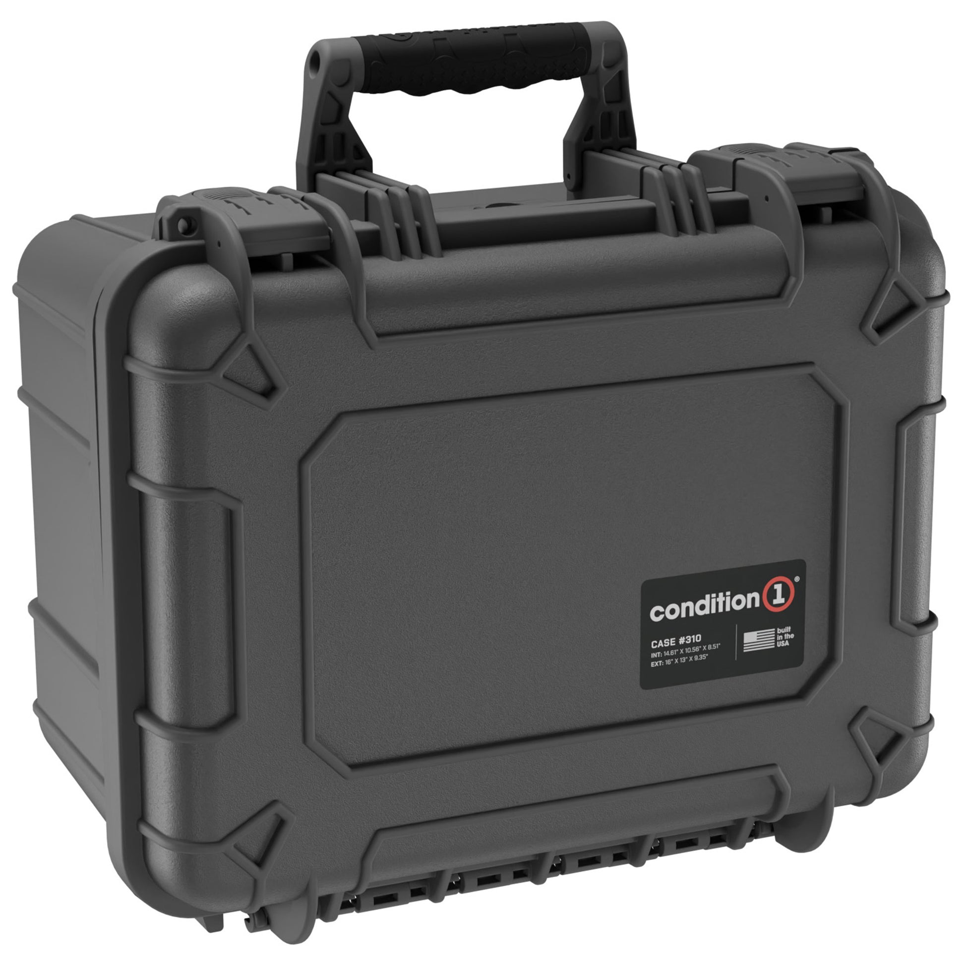 Alt text: "Durable black Condition 1 hard case, model #310, designed for safely carrying and storing 3 revolvers, featuring a robust handle and secure latches, isolated on a white background."