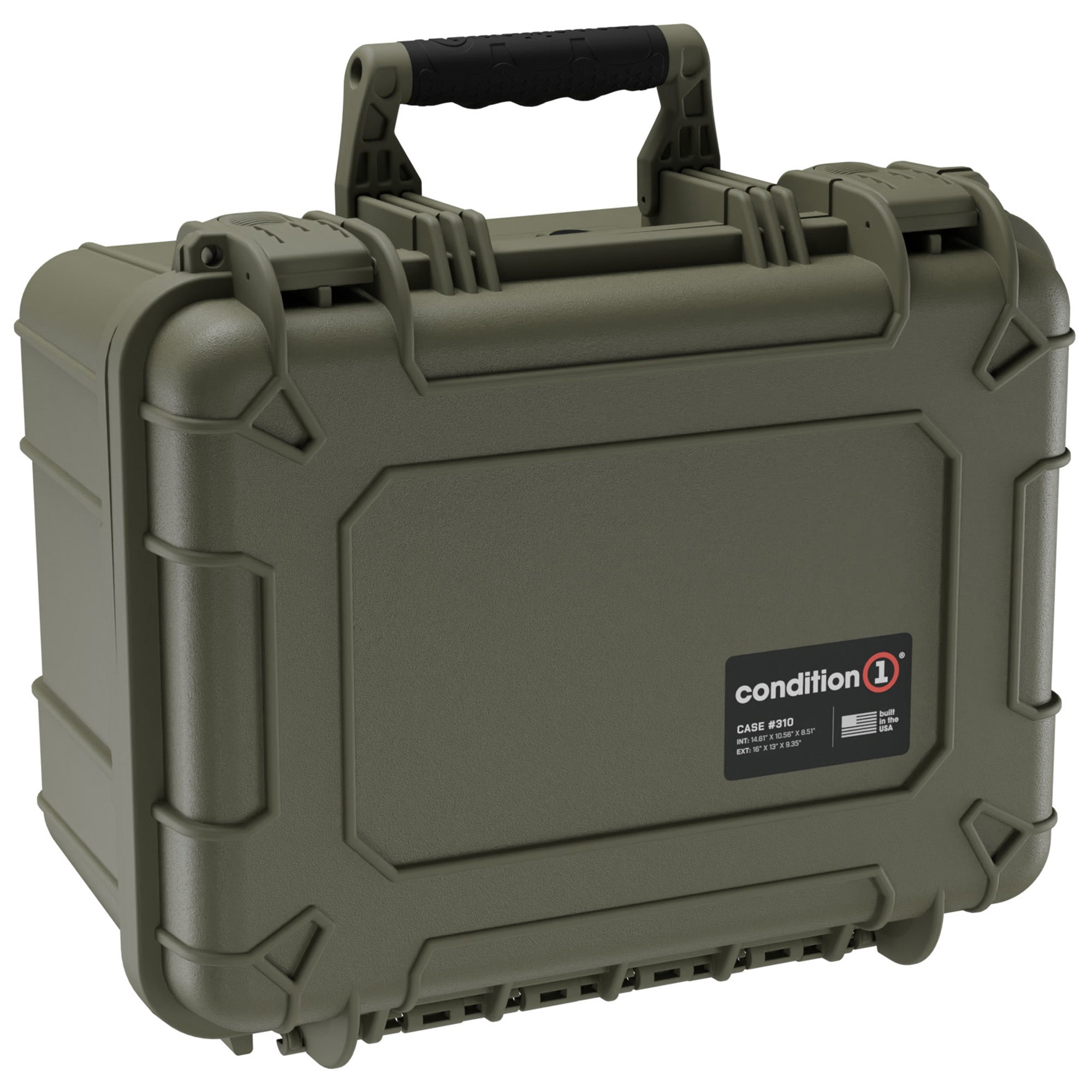 Alt text: Olive green, rugged 16-inch medium-sized hard case, model #310 by Condition 1, featuring a sturdy handle and reinforced corners for durability.