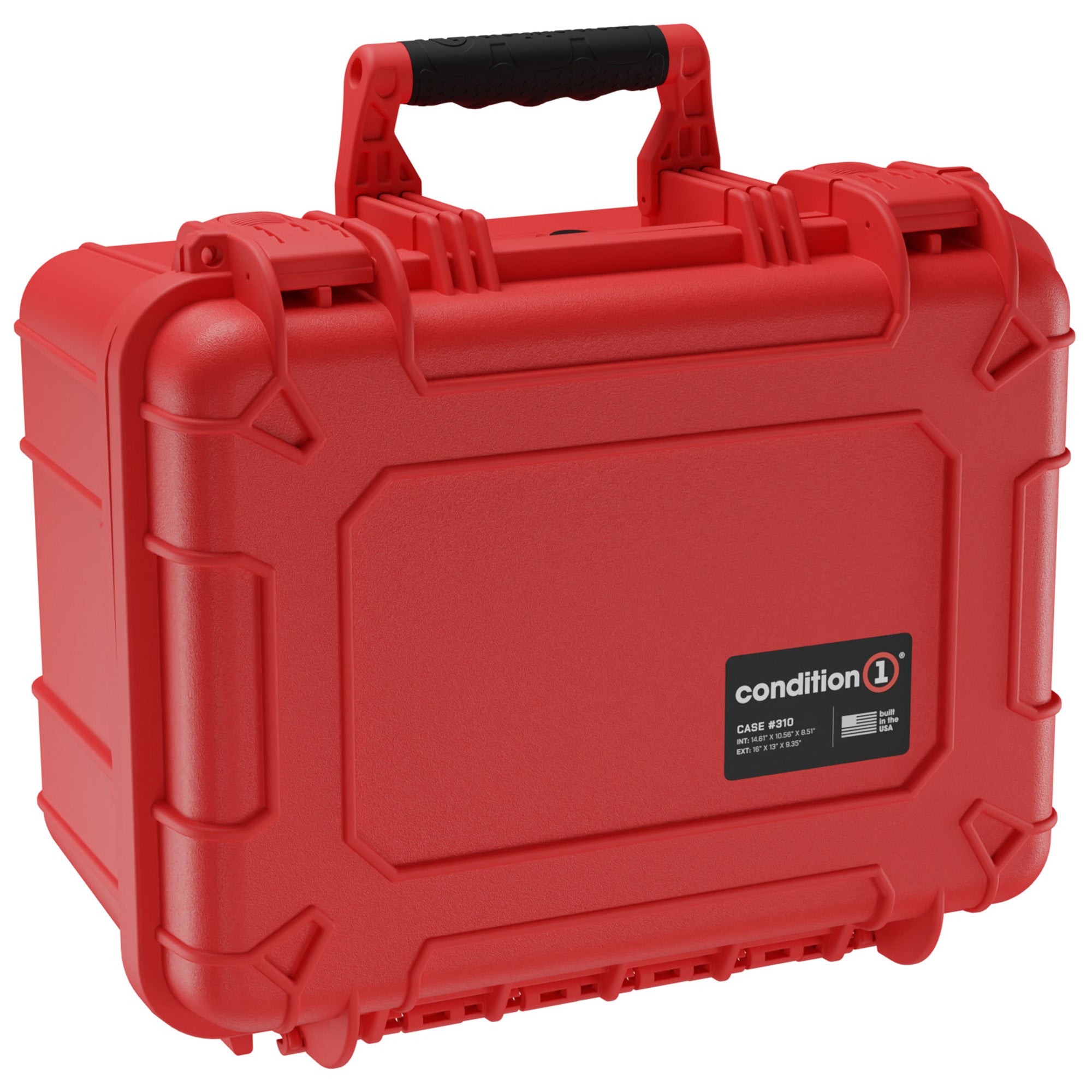 Red 16-inch hardshell 3 revolver case by Condition 1, model #310, featuring rugged exterior, secure clasps, and ergonomic handle for easy transport.