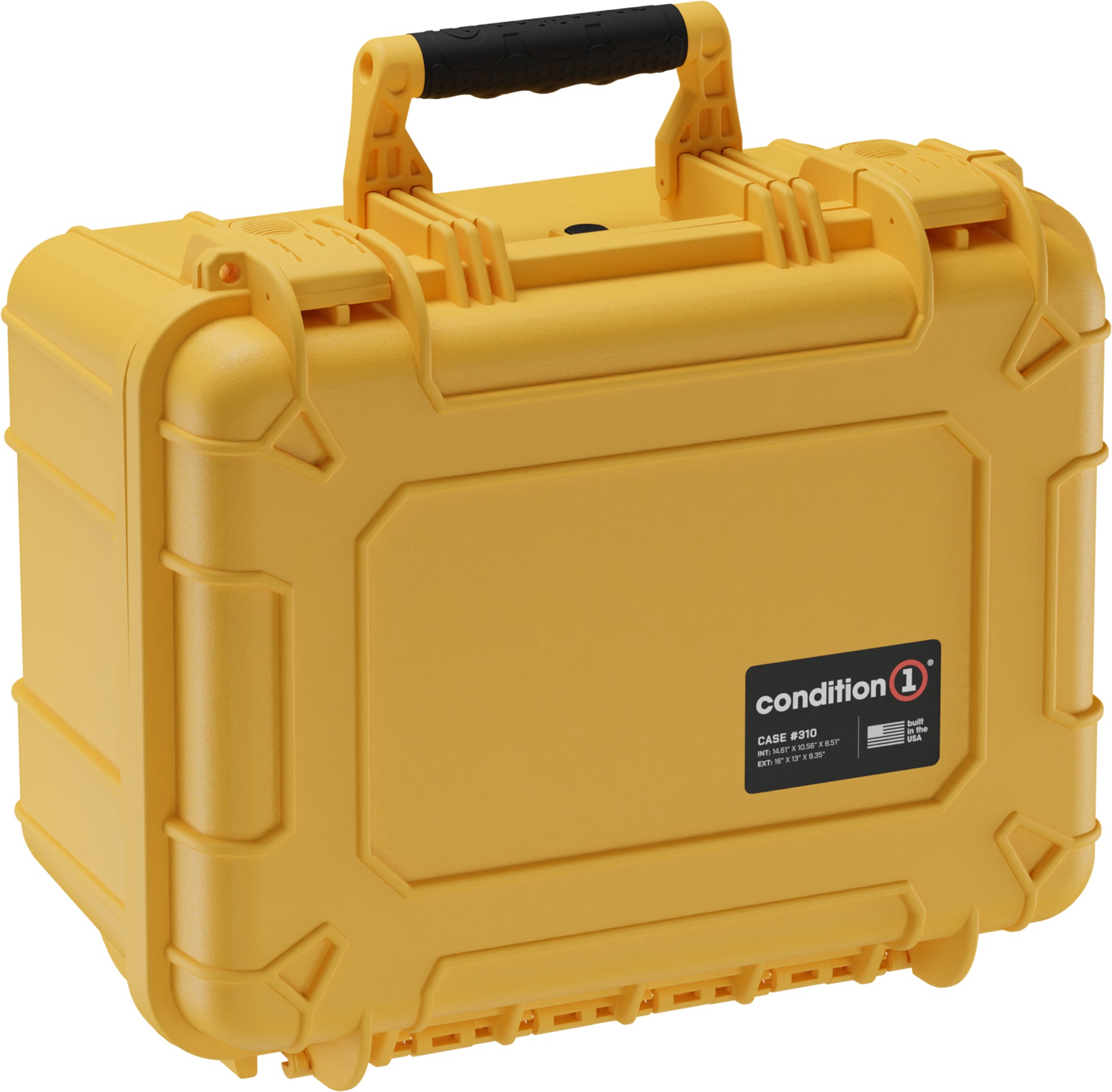 Yellow 16-inch medium protective case with black handle, labeled "condition 1" and "CASE #310" for storage or transport.