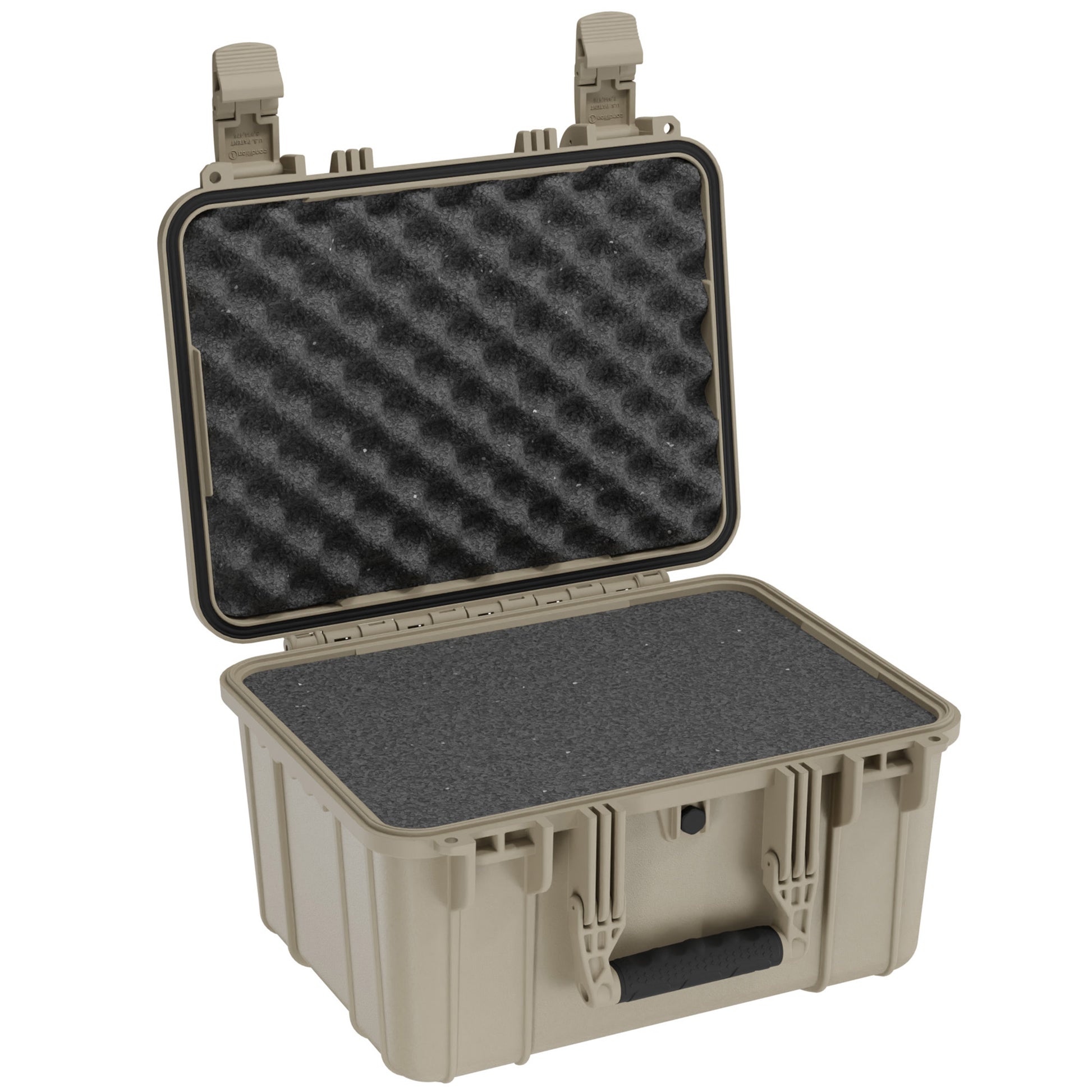 Alt text: "Desert tan 16-inch medium protective case #310, open to display its shock-absorbent foam interior. Features secure clasps and a sturdy handle for durable, reliable storage and transport of delicate items."