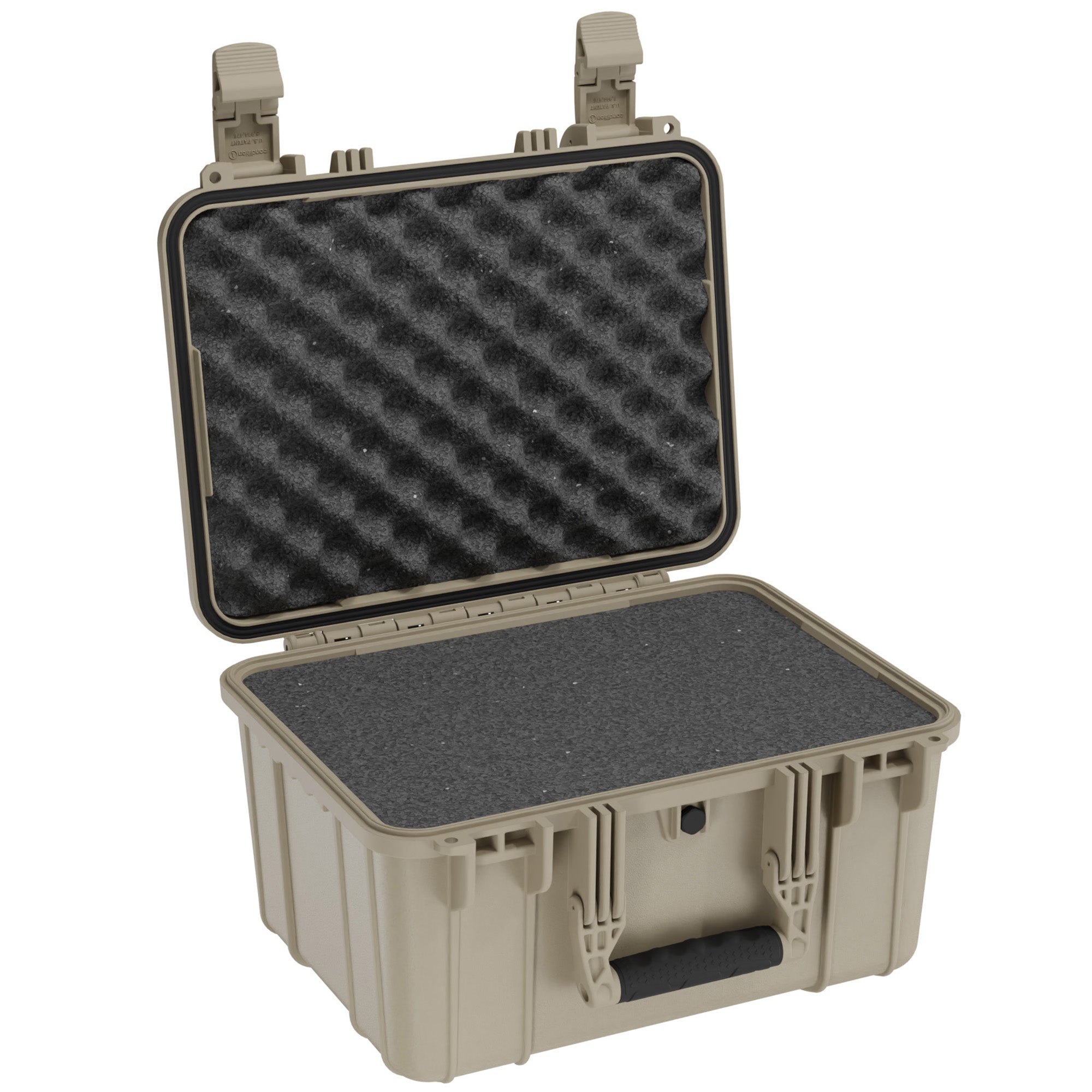 Alt text: "Desert tan 16-inch medium protective case #310, open to display its shock-absorbent foam interior. Features secure clasps and a sturdy handle for durable, reliable storage and transport of delicate items."