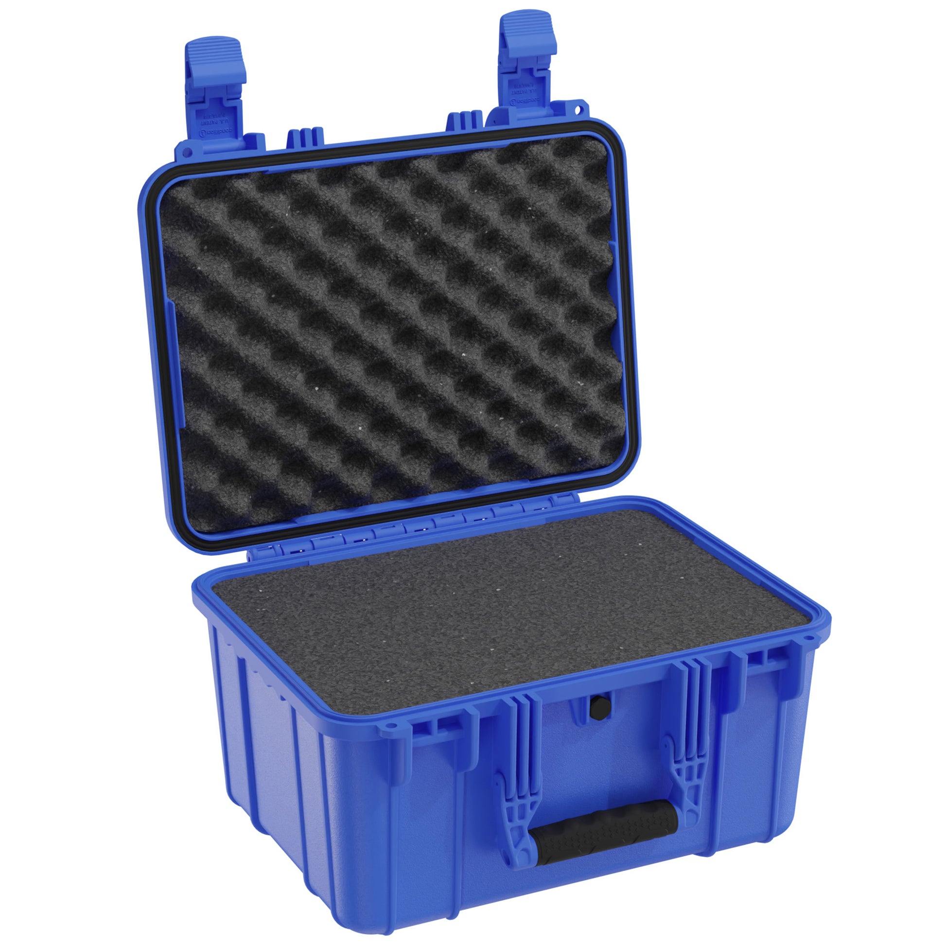 Alt text: "Open blue medium-sized protective case, model #310, featuring foam interior with both egg-crate foam in the lid and flat foam in the base, designed for secure storage and transport of sensitive equipment."