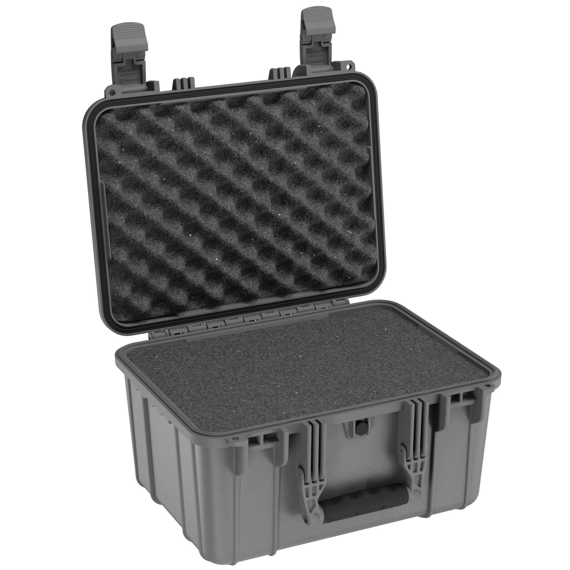Alt text: "Open gray medium-sized protective case, model #310, with foam inserts in both the base and the lid, featuring secure latches and a sturdy handle."