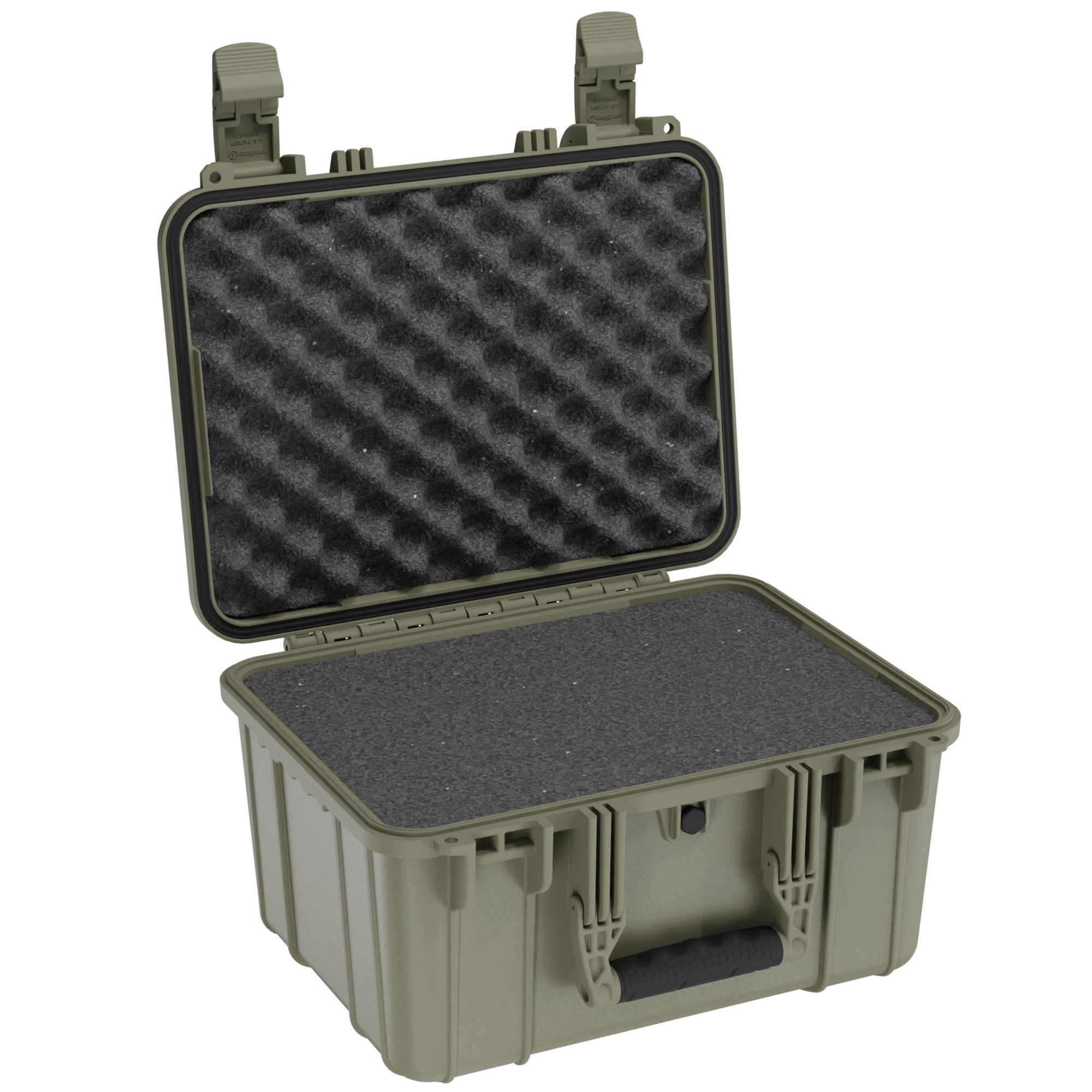 Alt text: "Open 16-inch medium protective case #310 in olive green color, featuring dual-layer foam inserts and rugged locking mechanisms, ideal for safely transporting sensitive equipment."