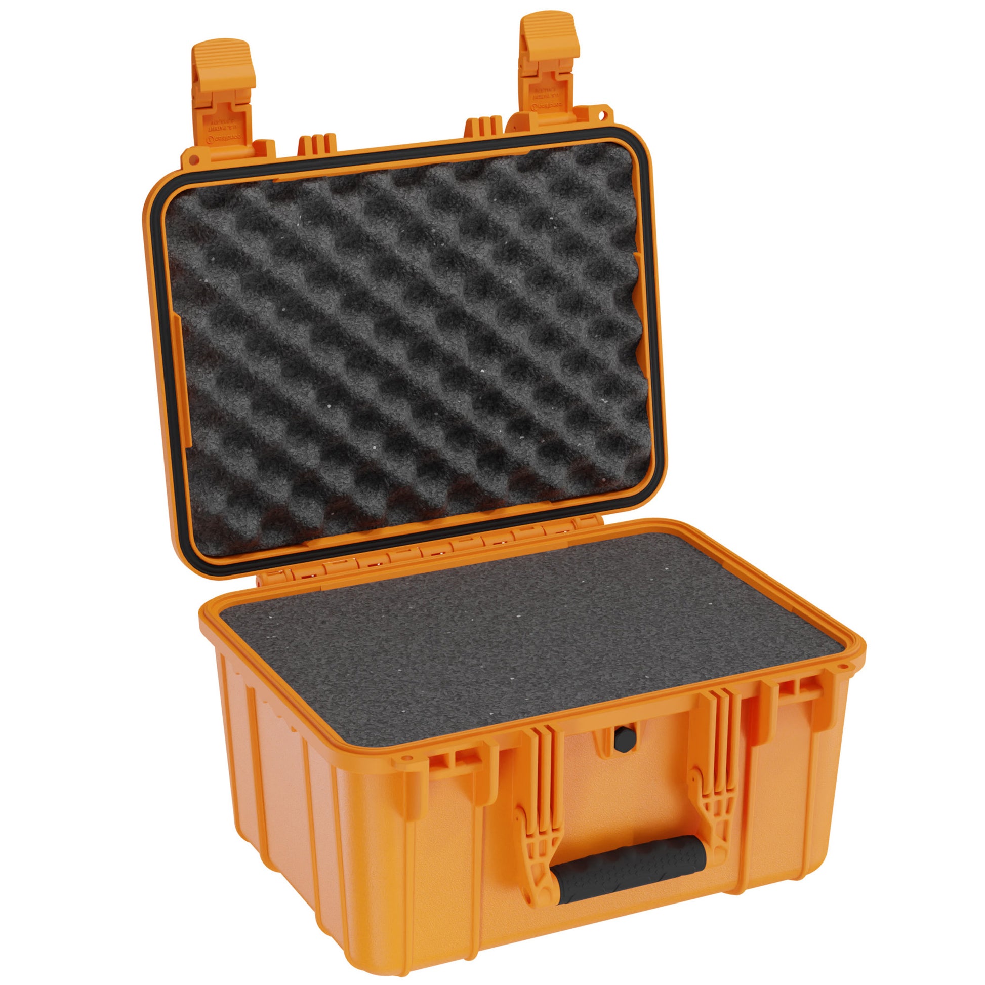 Alt text: Orange hard case, 16-inch Medium Case #310, open to display the interior foam padding. The case features sturdy latches and a customizable foam insert for protection and organization of contents.