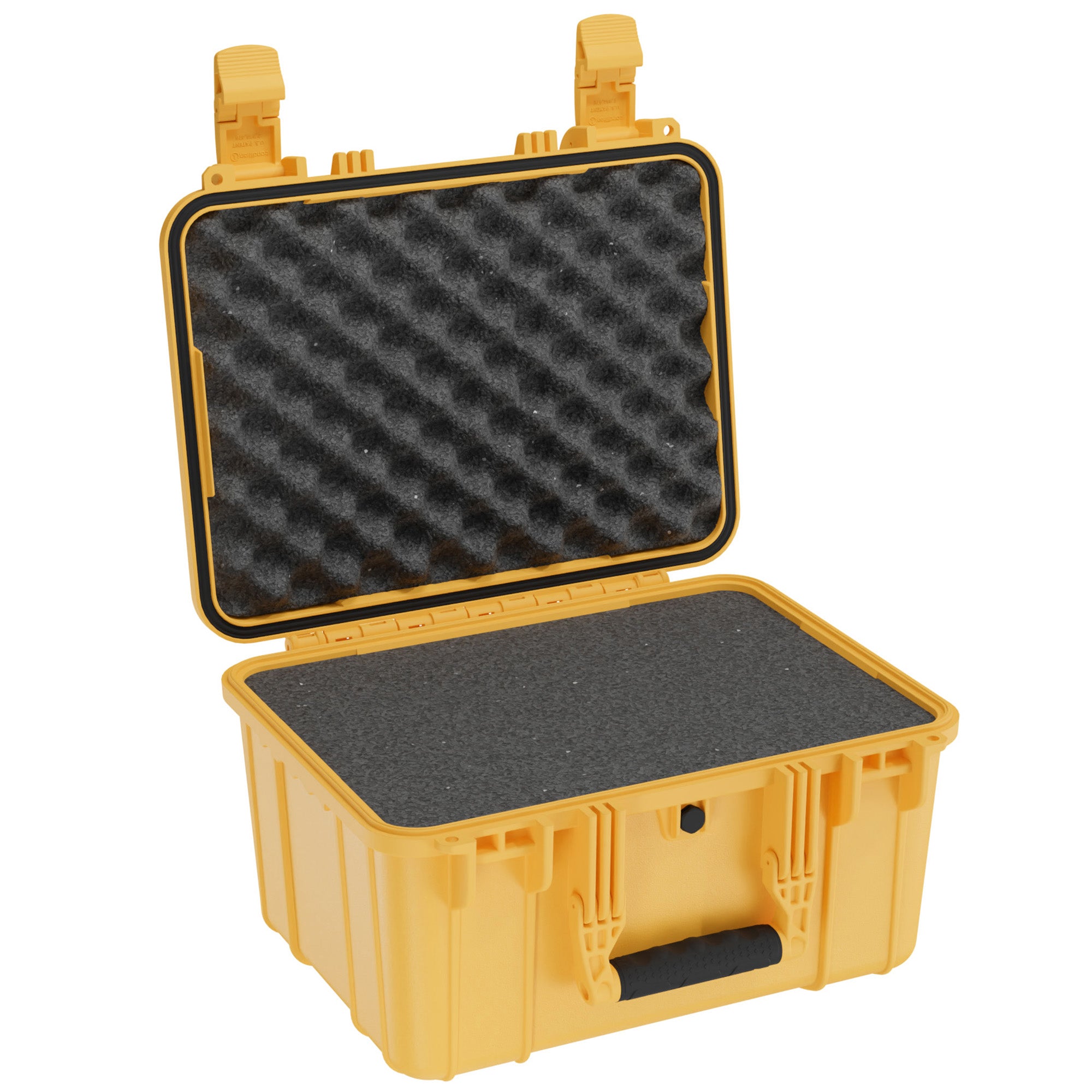 Yellow 16-inch medium case with foam padding, open lid showing black foam interior for protective storage.