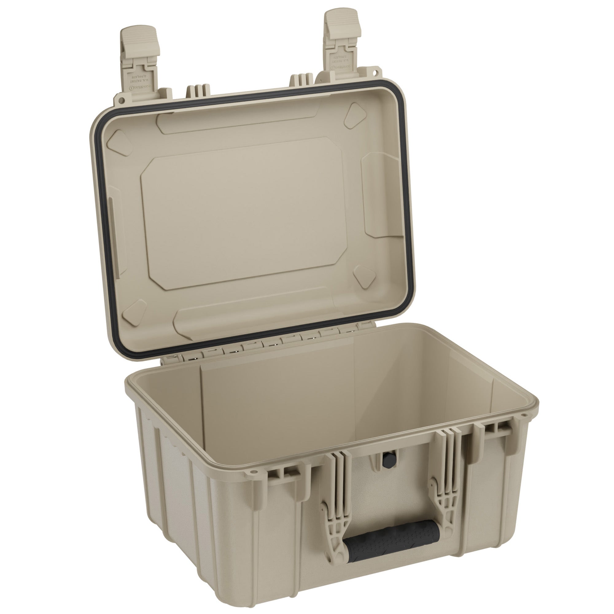 Alt text: Open beige 16-inch medium plastic case #310 with dual latch system and sturdy handle, showing an empty interior and foam padding at the bottom.