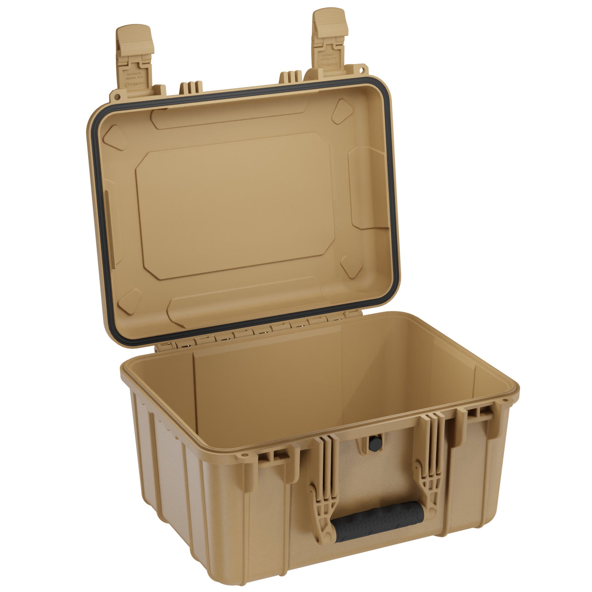 Alt text: "Open, tan 16-inch medium protective case model #310 with durable clasps, foam interior, and rugged design, displayed on a white background."
