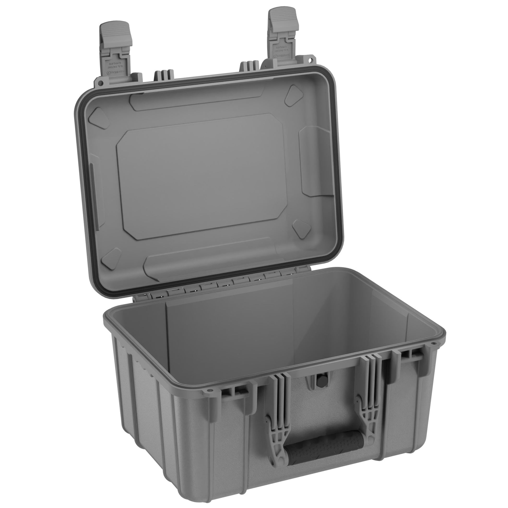Alt text: "Open 16-inch gray medium case #310 showing durable latches and rugged design, ideal for secure storage and protection of items."