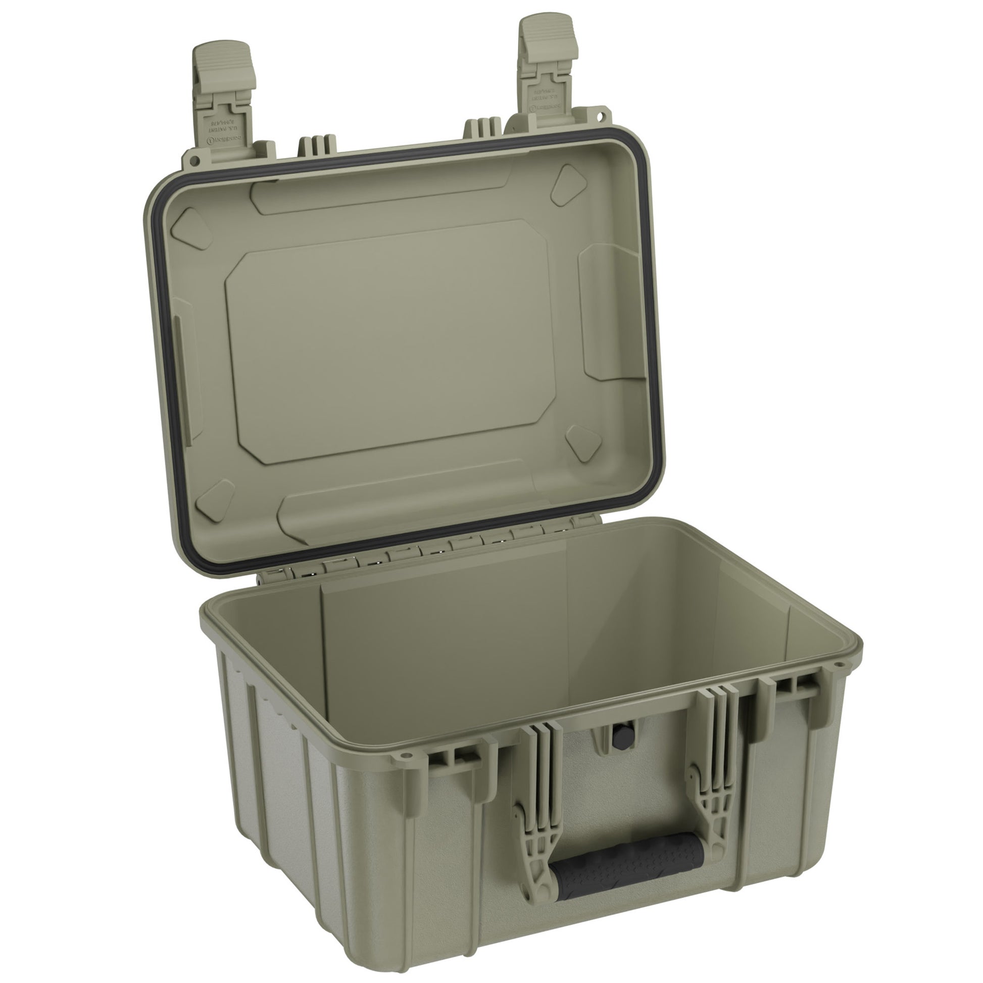 Alt text: "Olive green 16-inch medium-sized hard case (Case #310) with the lid open, featuring durable handles and a padded interior for protection."