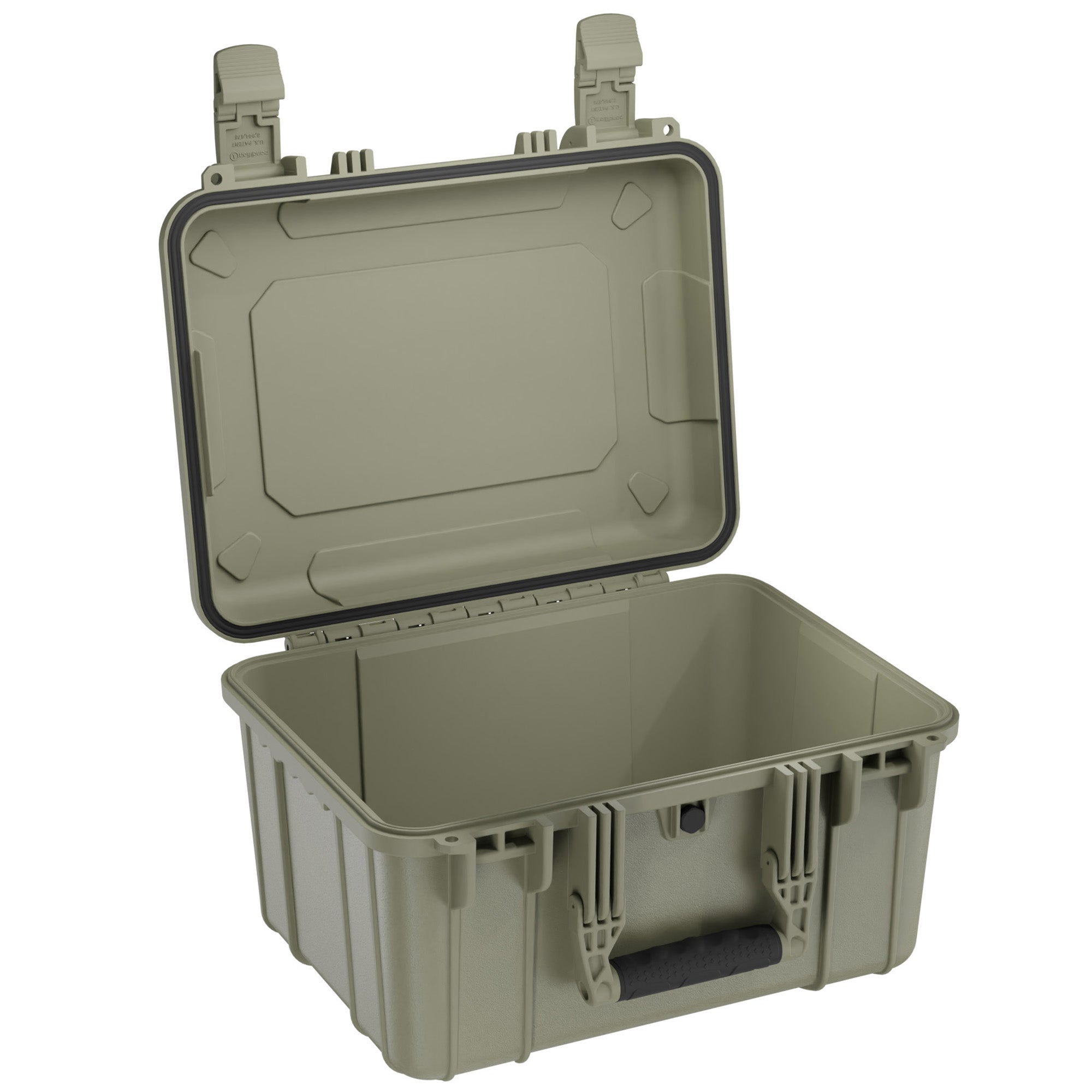 Alt text: "Olive green 16-inch medium-sized hard case (Case #310) with the lid open, featuring durable handles and a padded interior for protection."