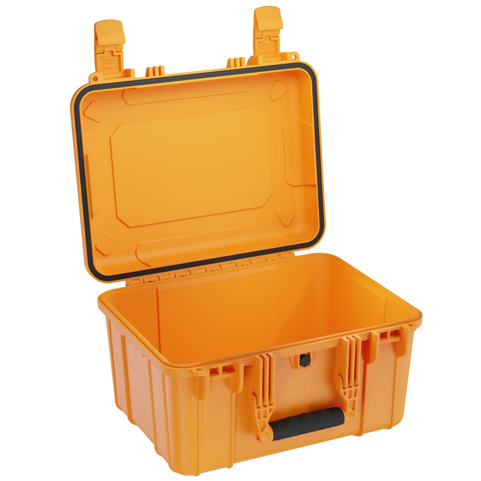 Alt text: Open bright orange medium-sized hard case, model #310, with sturdy latches and a foam-lined bottom, isolated on a white background.
