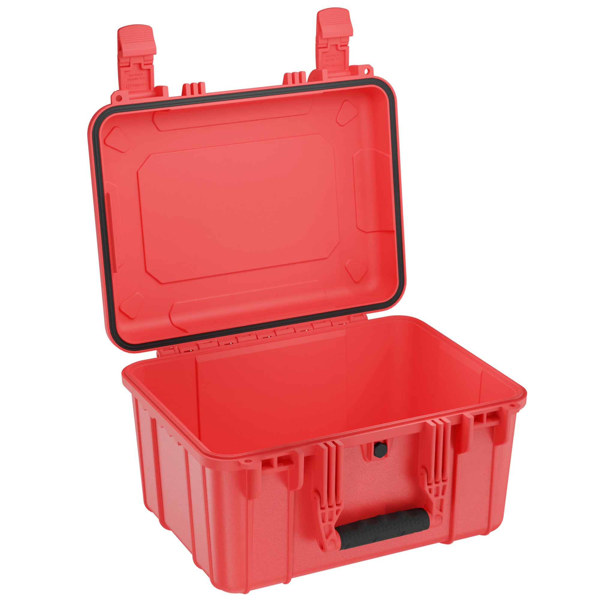 Alt text: Open 16-inch medium red protective case, model #310, with durable clasps and an inner foam padding visible, ideal for storing and transporting sensitive equipment safely.