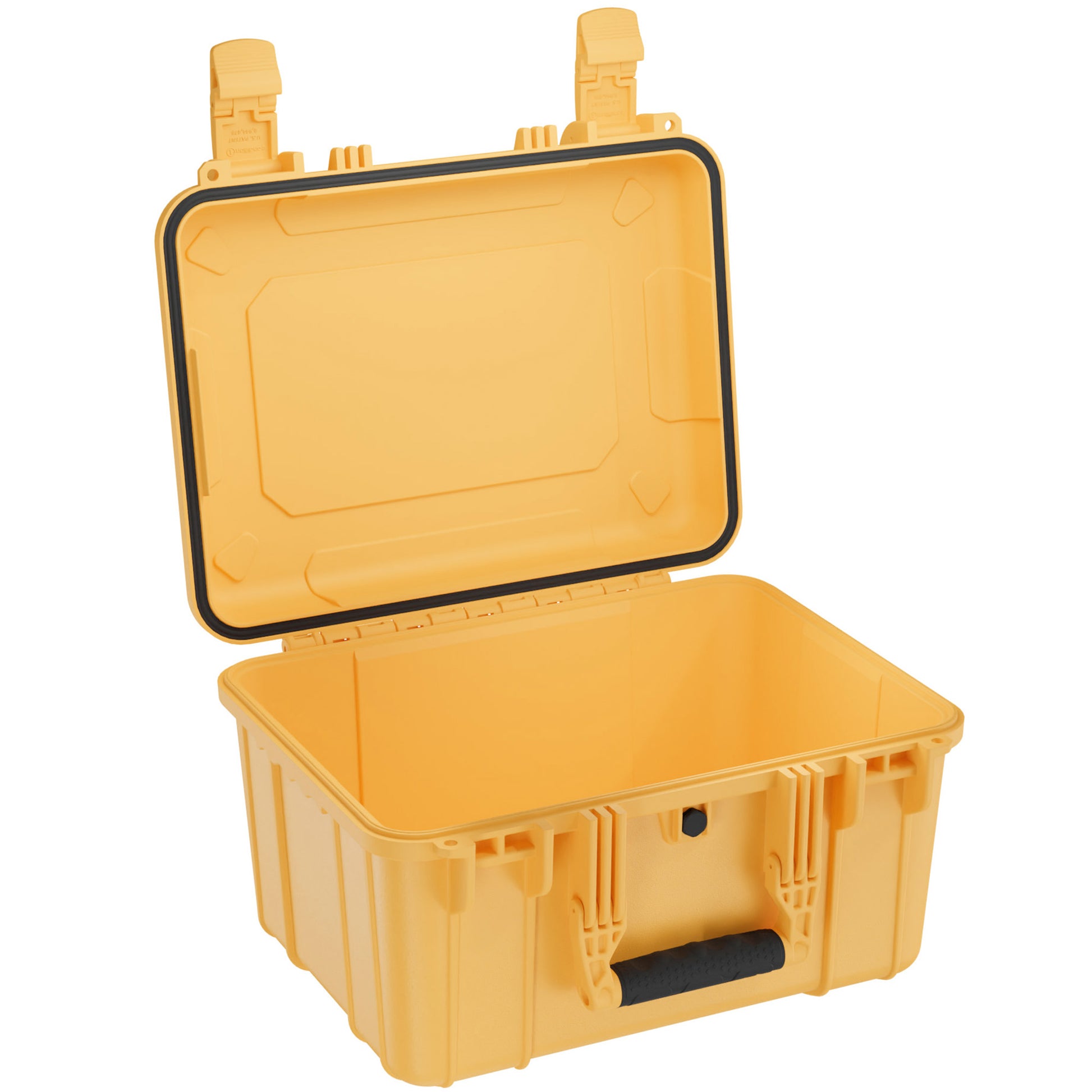 Open yellow 16-inch medium case with black handle, sturdy design, and secure latches.