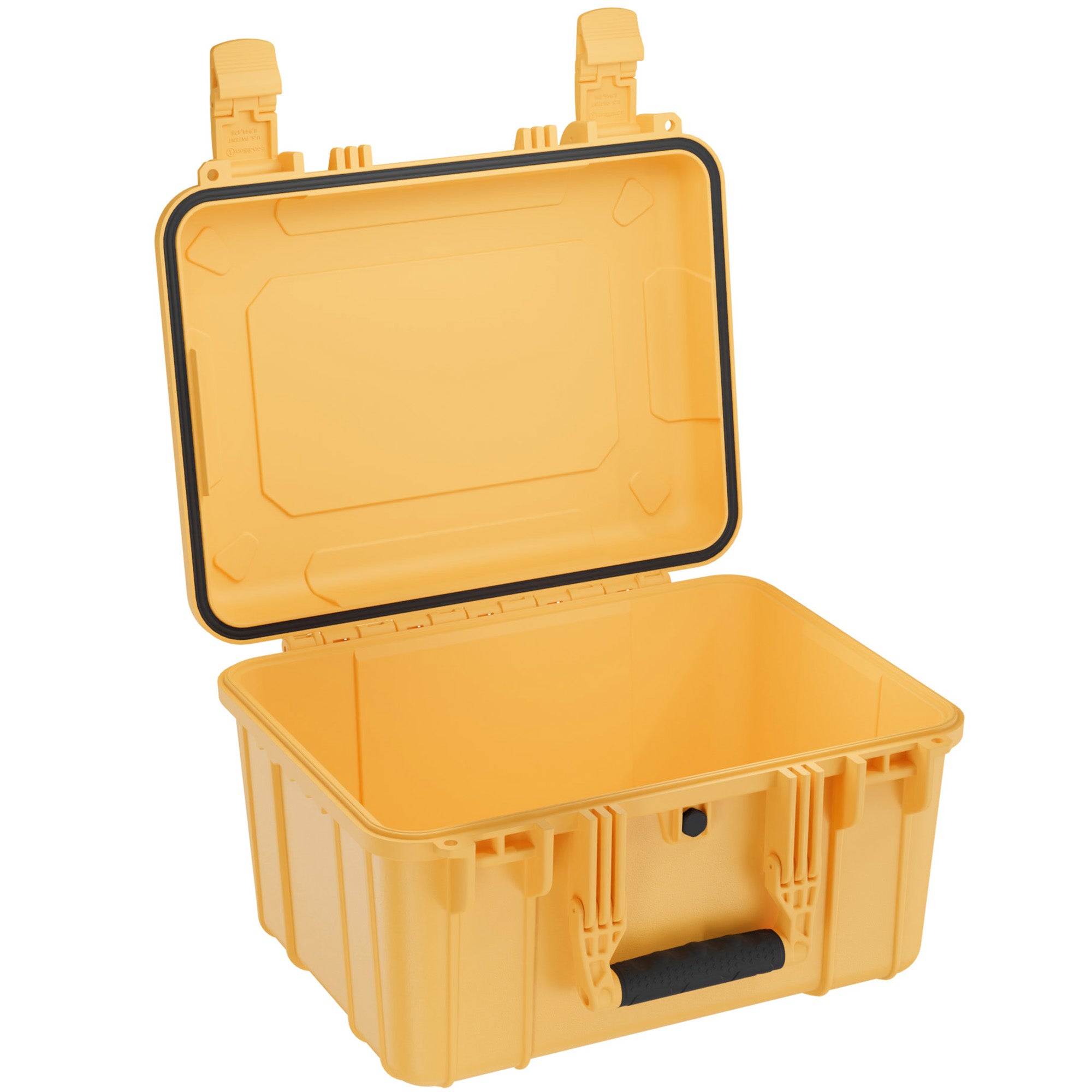 Open yellow 16-inch medium case with black handle, sturdy design, and secure latches.