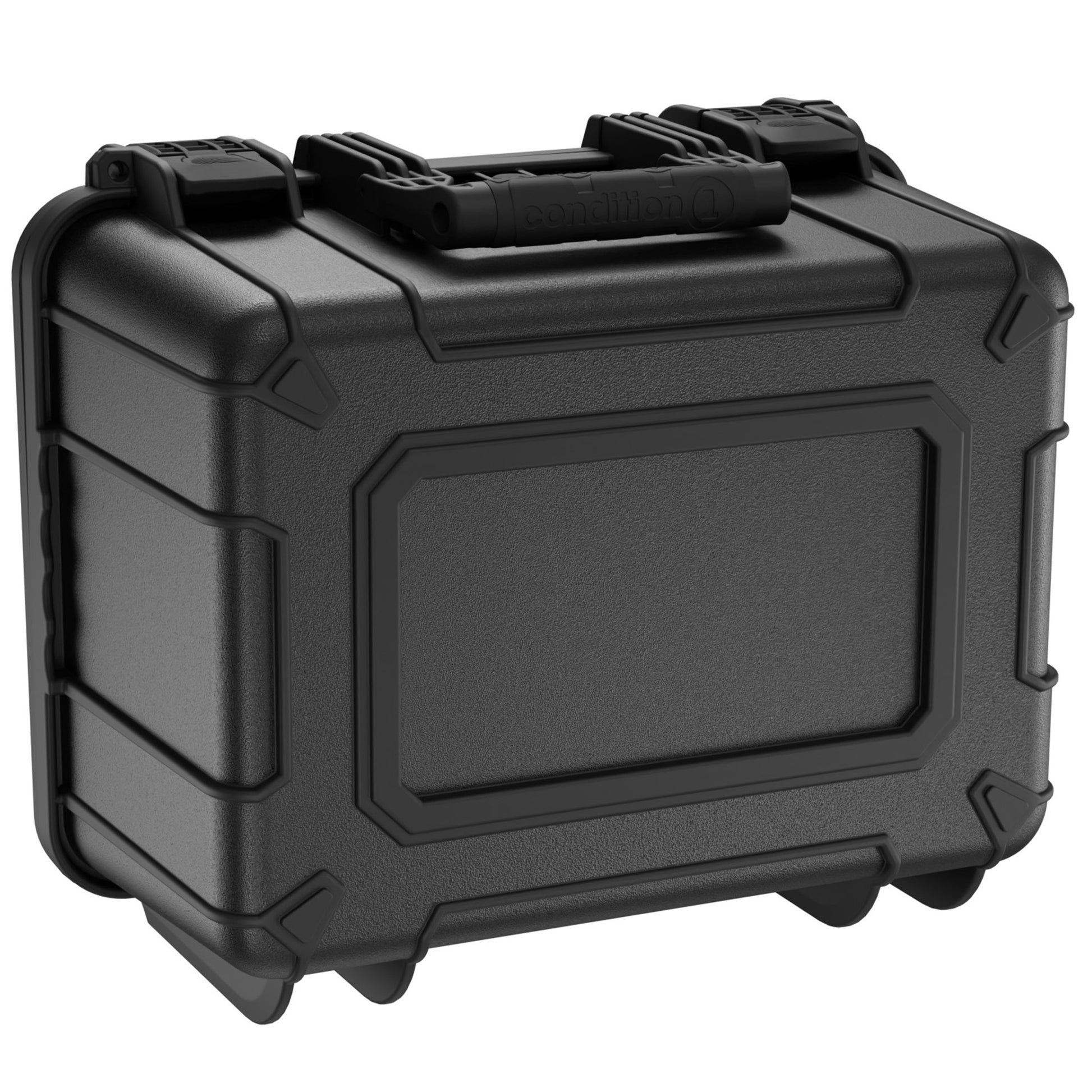 Alt text: "Black Condition 1 medium-sized hard case, model #310, 16 inches, featuring rugged exterior, reinforced corners, and dual padlockable clasps for security."