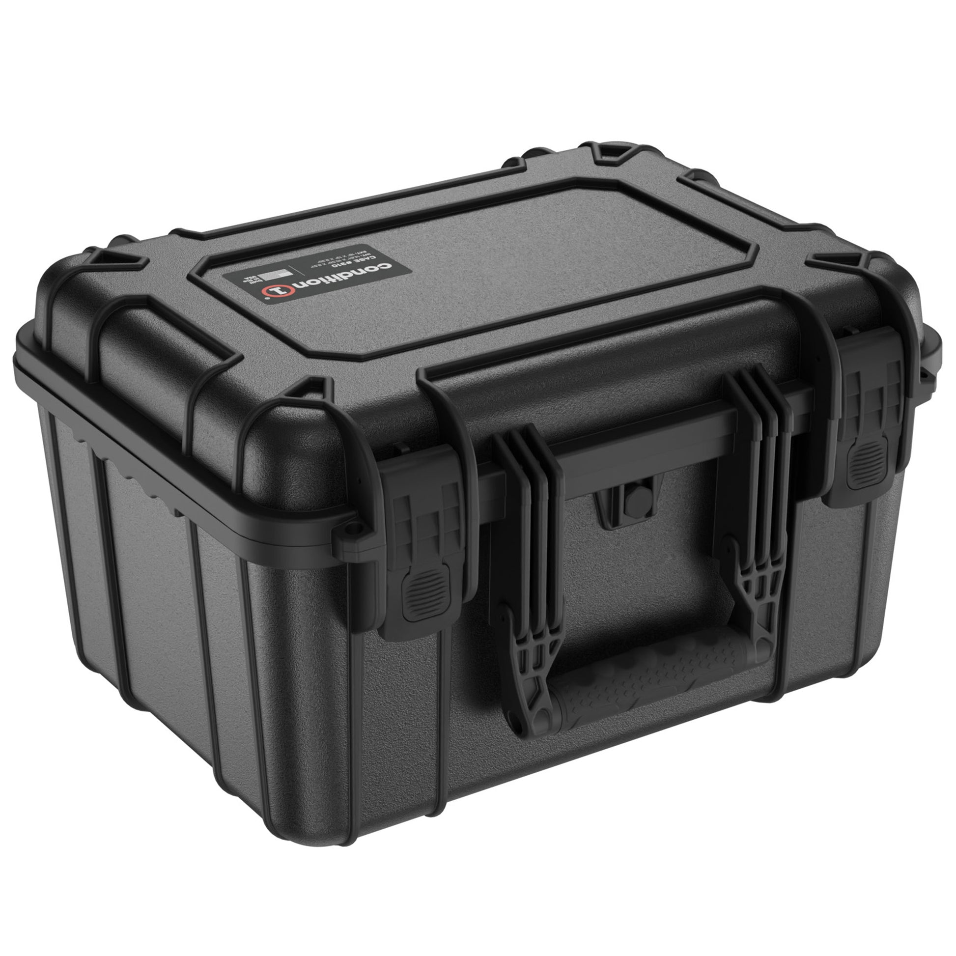 Alt text: "Durable black 16-inch medium-sized protective case, model #310, featuring rugged construction with dual locking clasps and a sturdy handle for secure portability."
