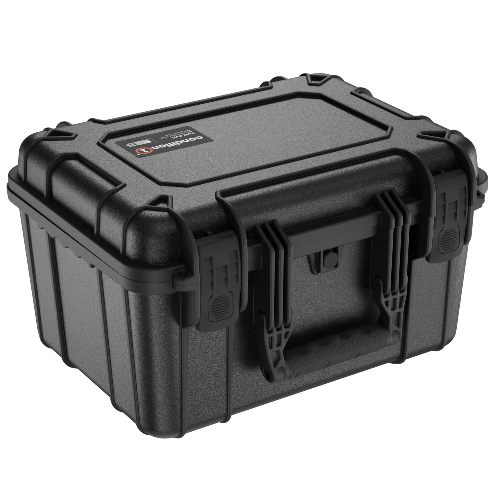 Alt text: "Condition1 16-inch 3 revolver case in black, model #310, featuring durable hard-shell construction with two rugged latches and a handle, designed for secure transportation and storage of firearms."