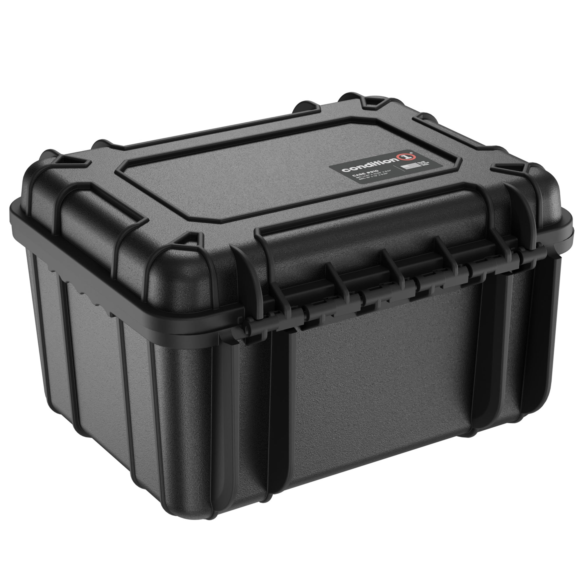Black 16-inch medium protective hard case with robust handles and secure latches, featuring a label with brand logo on the top lid.