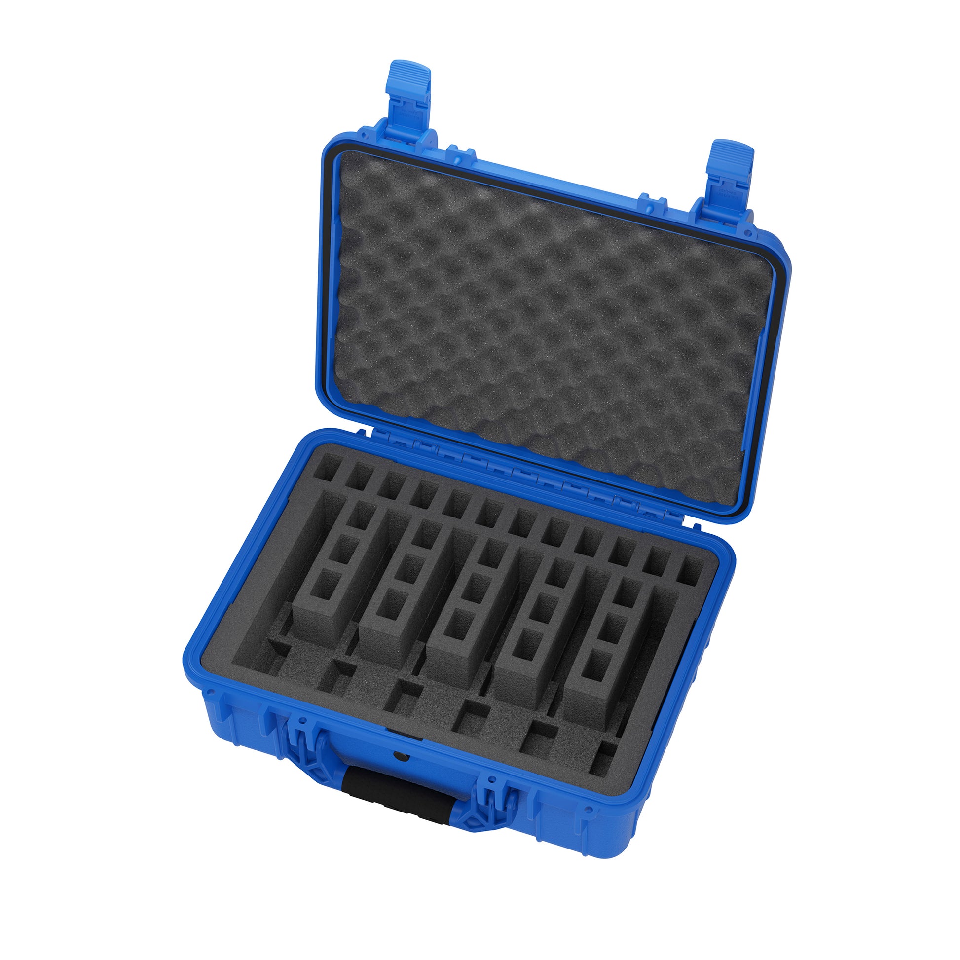 Alt text: "Blue 20-inch 6-pistol storage case model #227, open to show its foam-lined interior with individual compartments for securely storing each pistol."