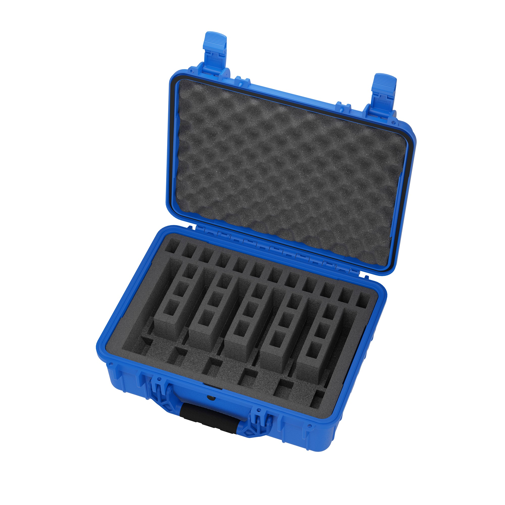 Alt text: "Blue 20-inch 6-pistol storage case model #227, open to show its foam-lined interior with individual compartments for securely storing each pistol."