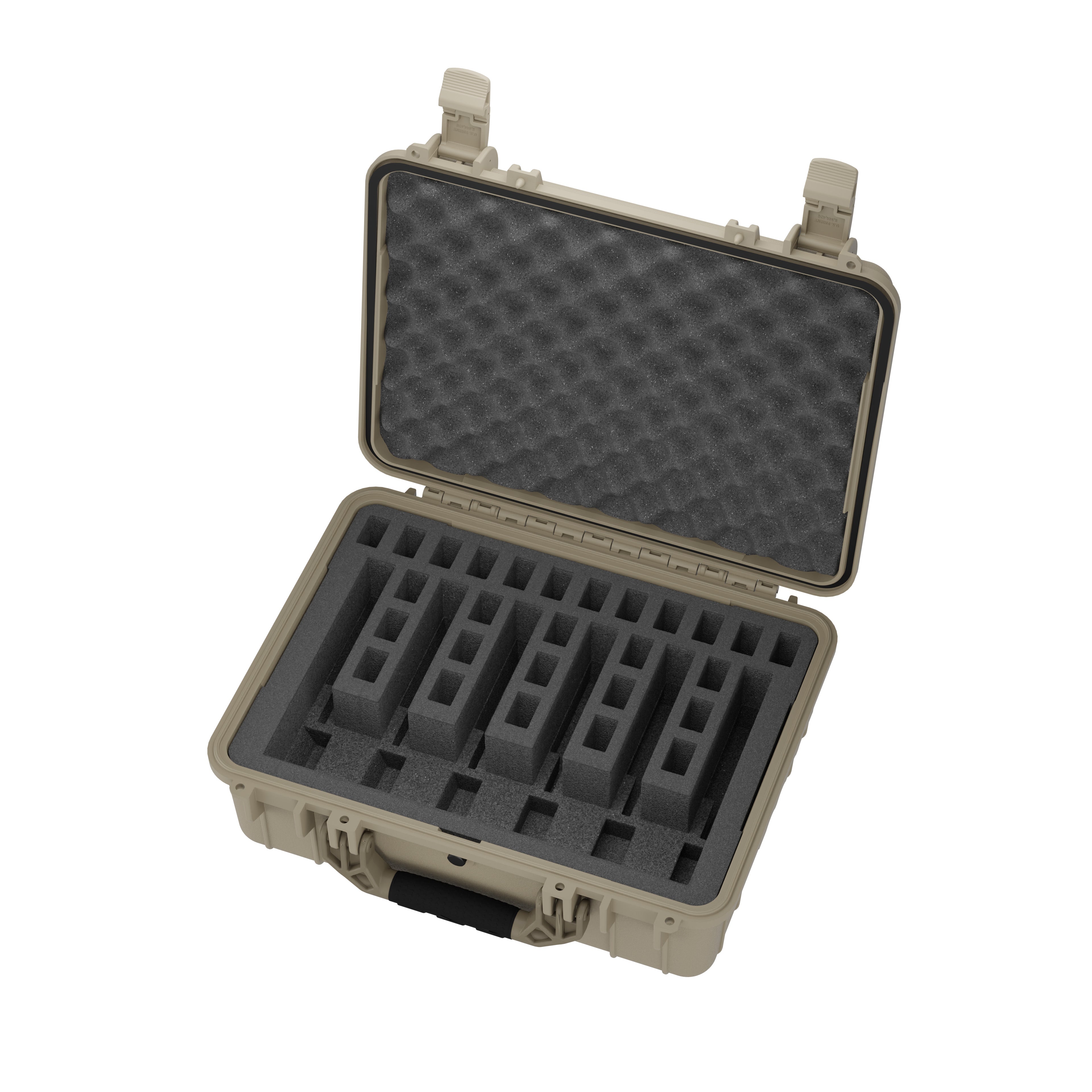 Alt text: "Open 20-inch pistol case displaying foam cutouts for six pistols, featuring rugged tan exterior with latch closures and black padded interior for protection."