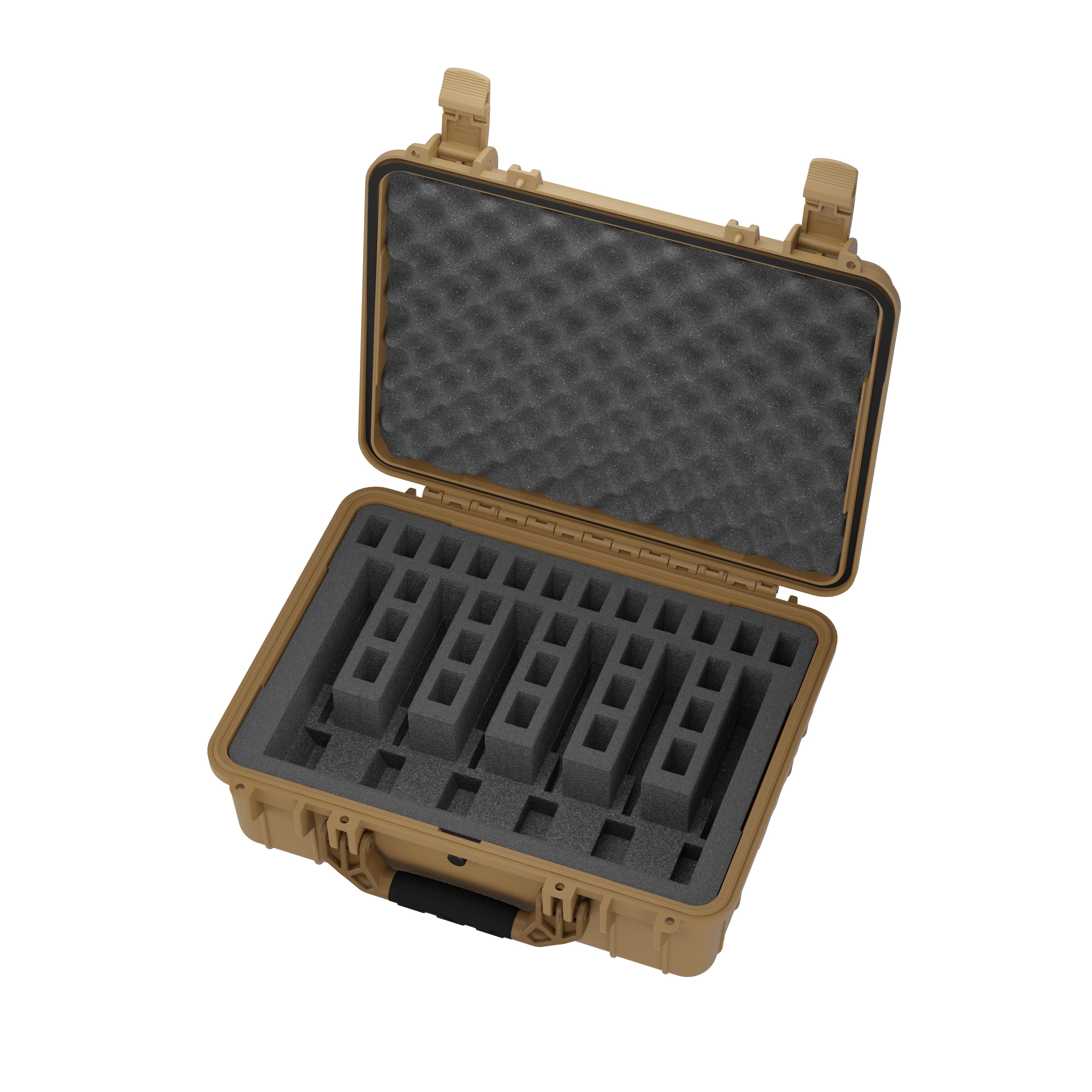 Open 20-inch tan pistol case displaying foam inserts designed to securely hold six pistols, with durable latches and egg-crate foam padding in the lid.