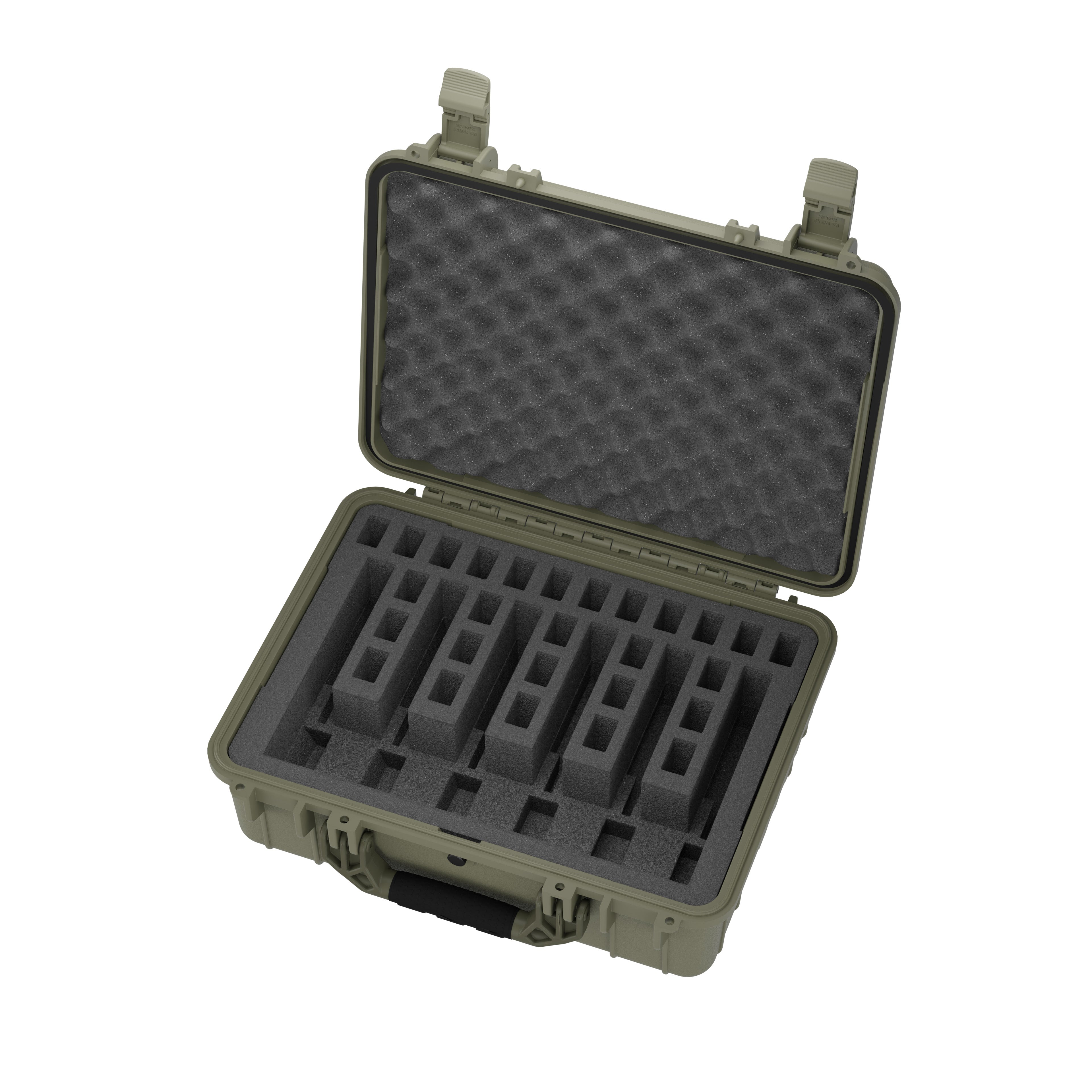 "20-inch green hardshell pistol case open to show foam inserts designed to hold six pistols, featuring secure latches and egg-crate foam padding in the lid for protection."