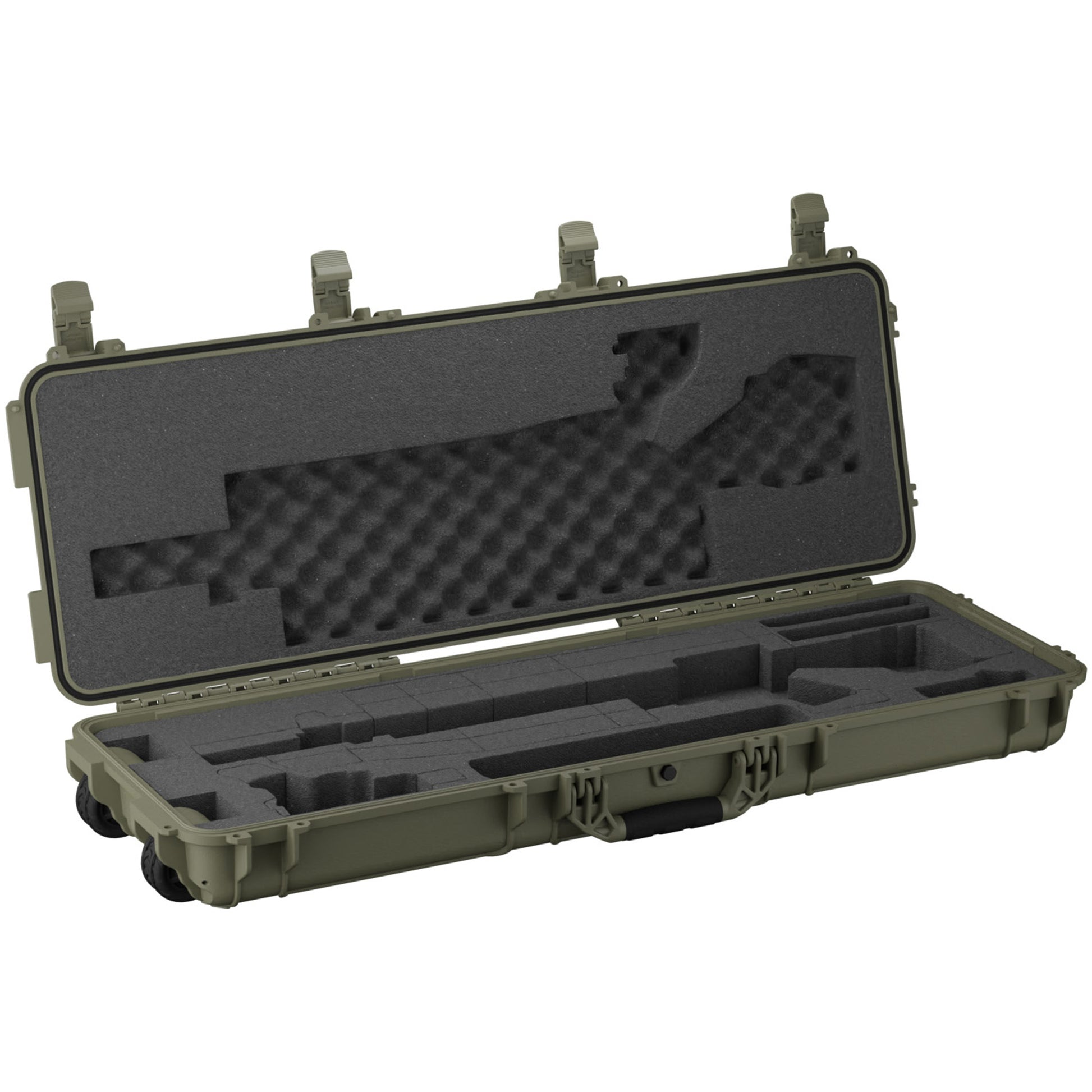Open 45" AR10 case with foam interior, designed for firearm storage and transport, featuring secure latches and wheels.