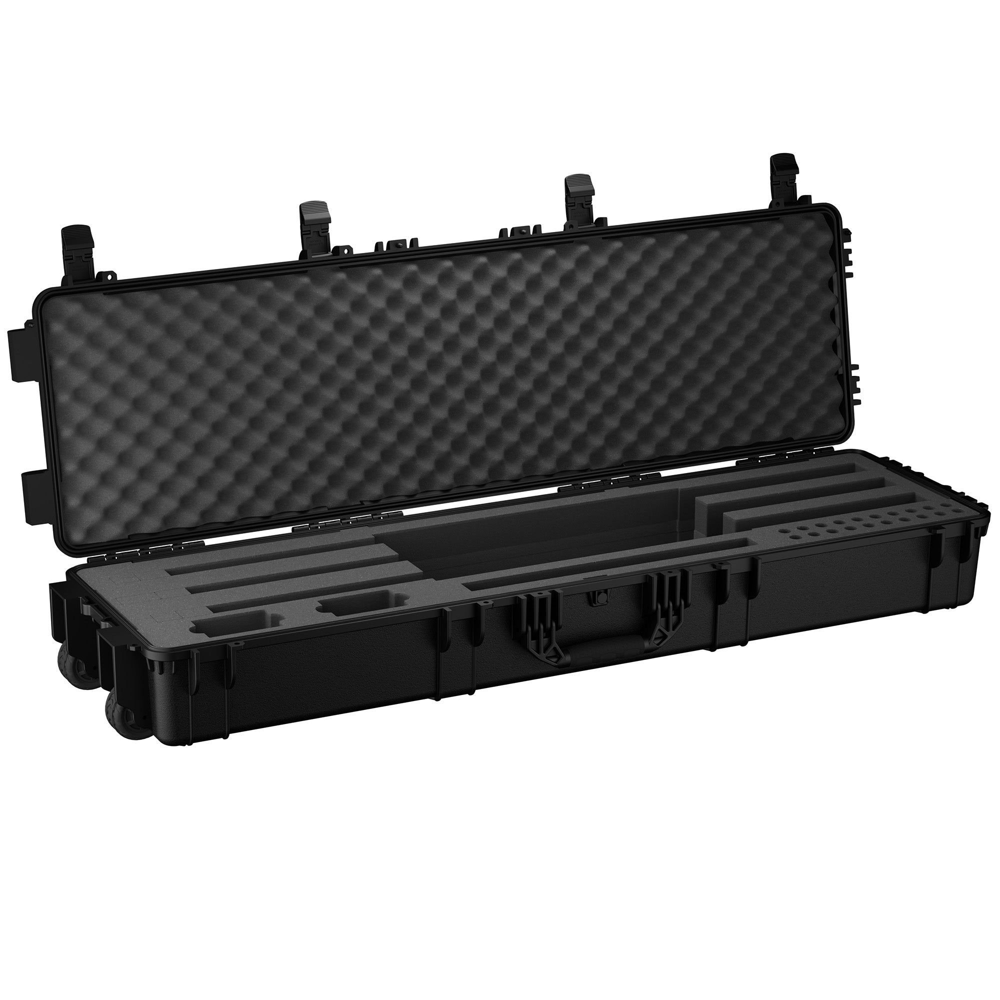 Open black 55-inch shotgun case with foam padding and compartments for three shotguns, foam inserts, and secure latches.