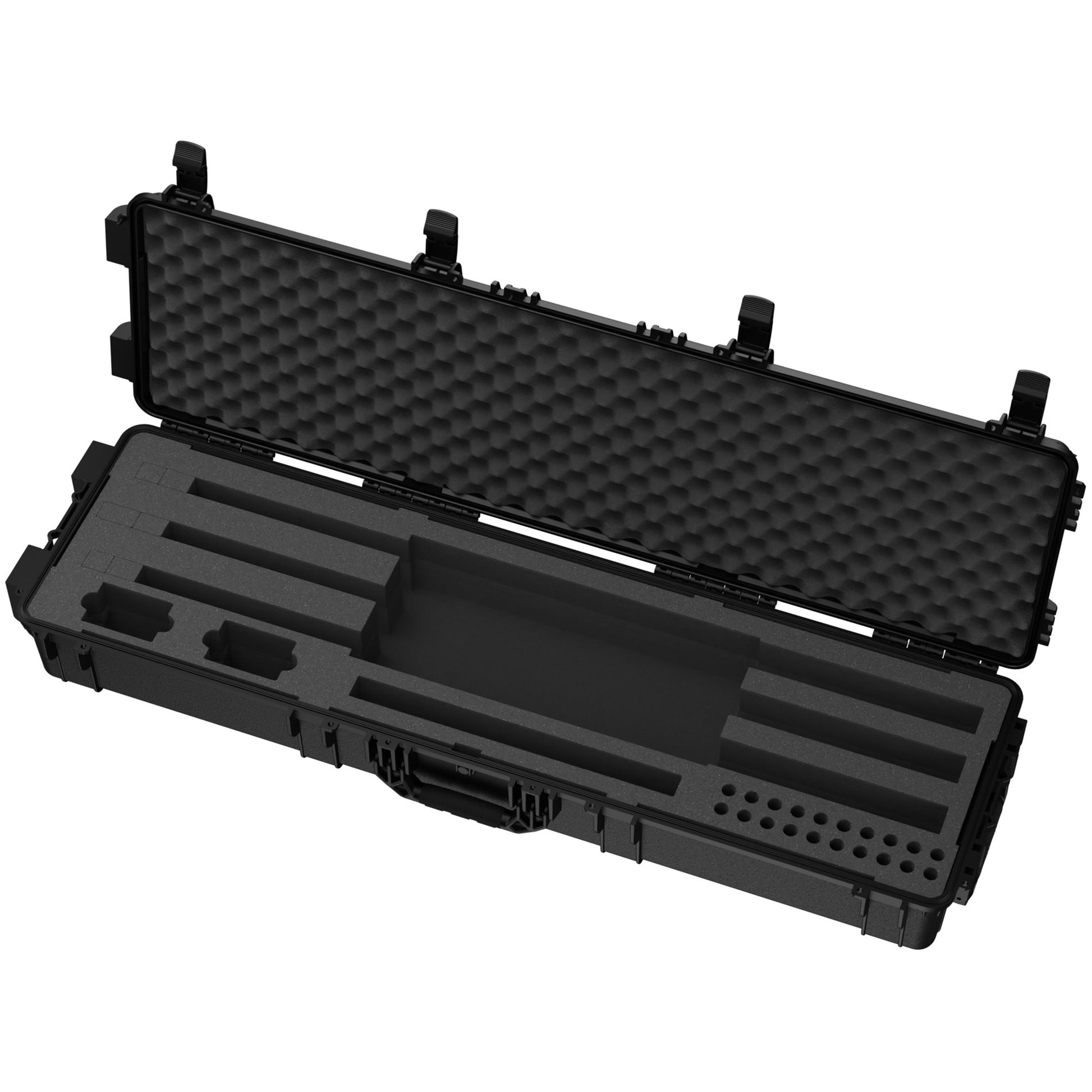Open black 55" 3 shotgun case with foam padding and compartments for secure storage and transport of shotguns.