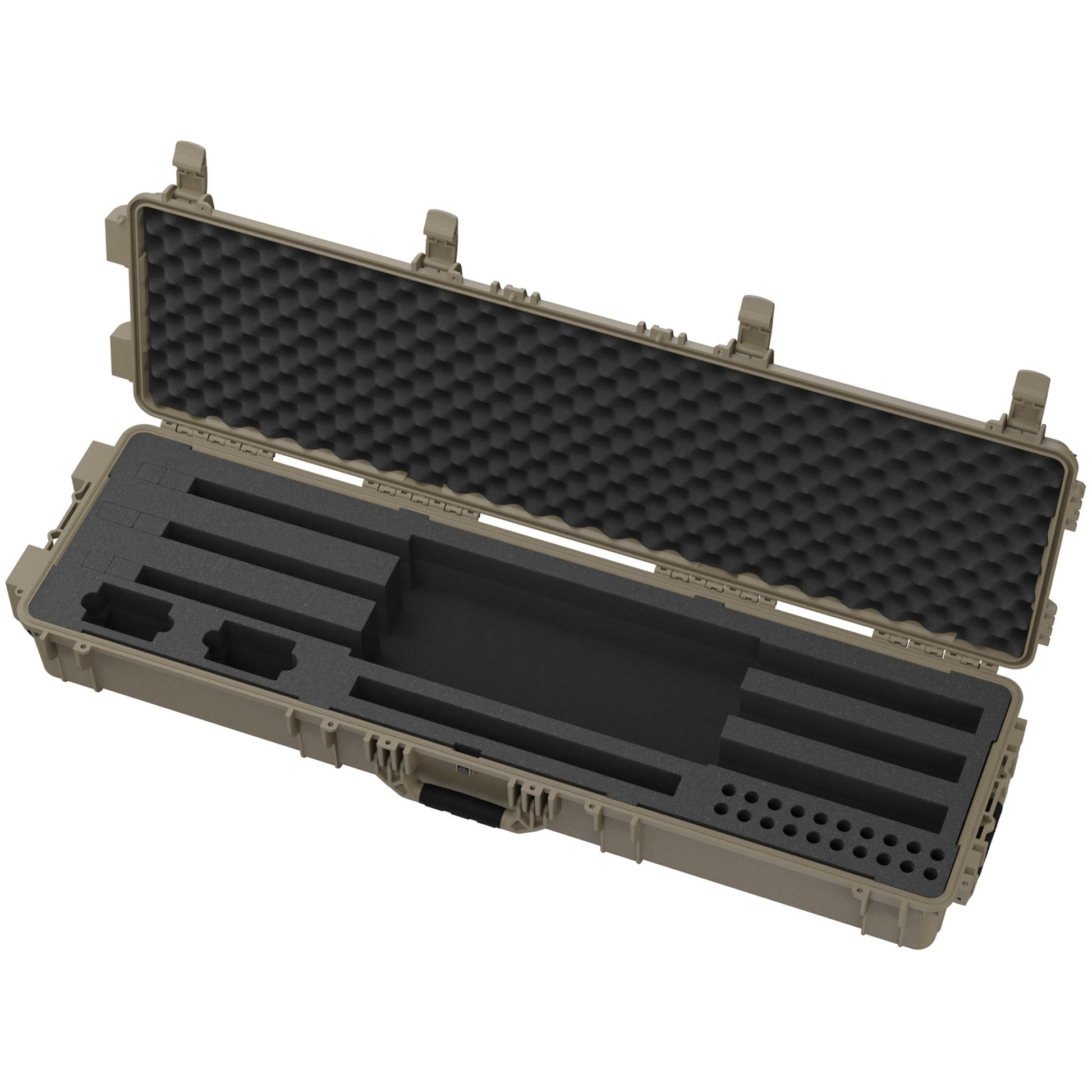 Open 55" 3 Shotgun Case with foam padding and compartments for secure storage and transport of shotguns.