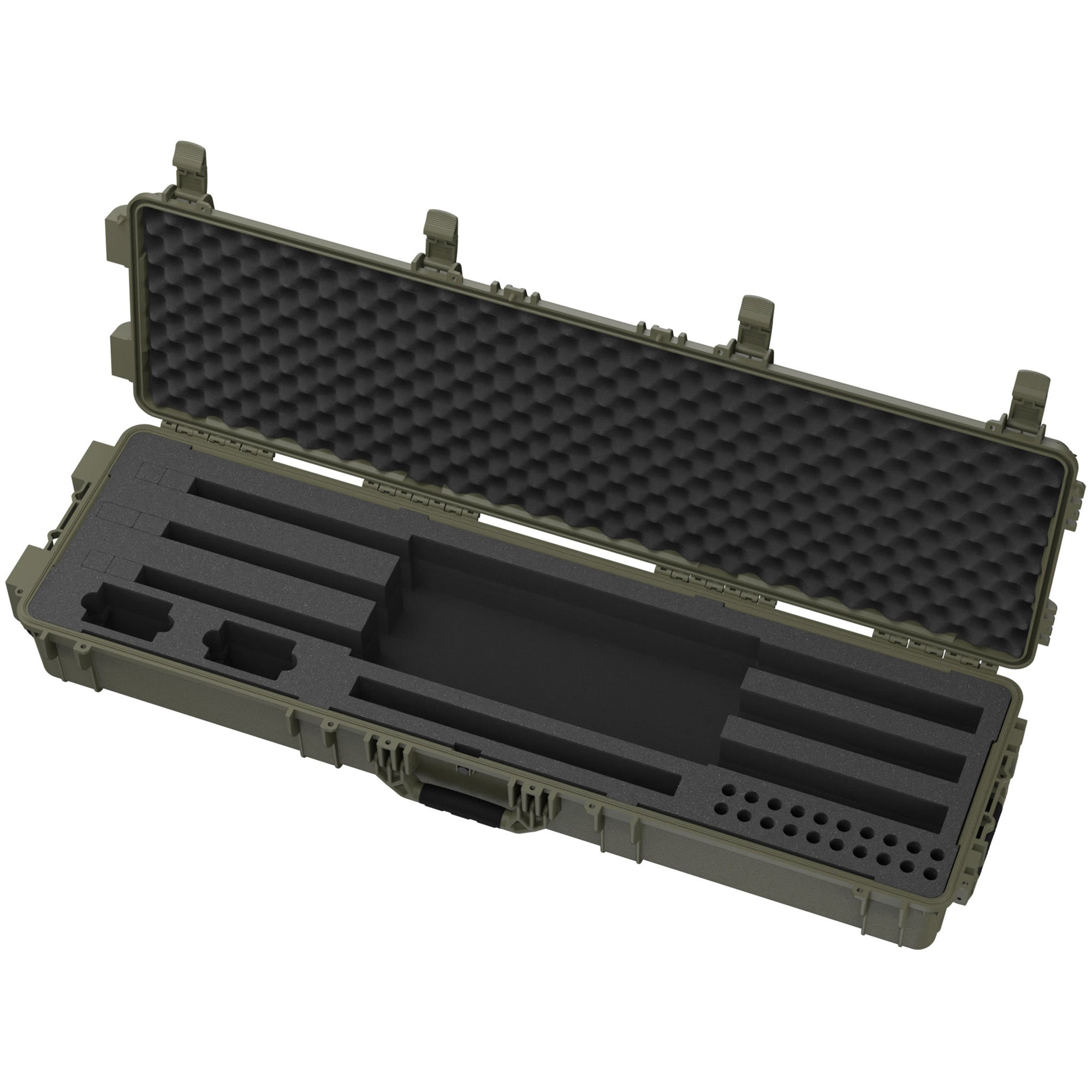 Green 55-inch shotgun case with foam interior and adjustable compartments for secure firearm storage and transport.