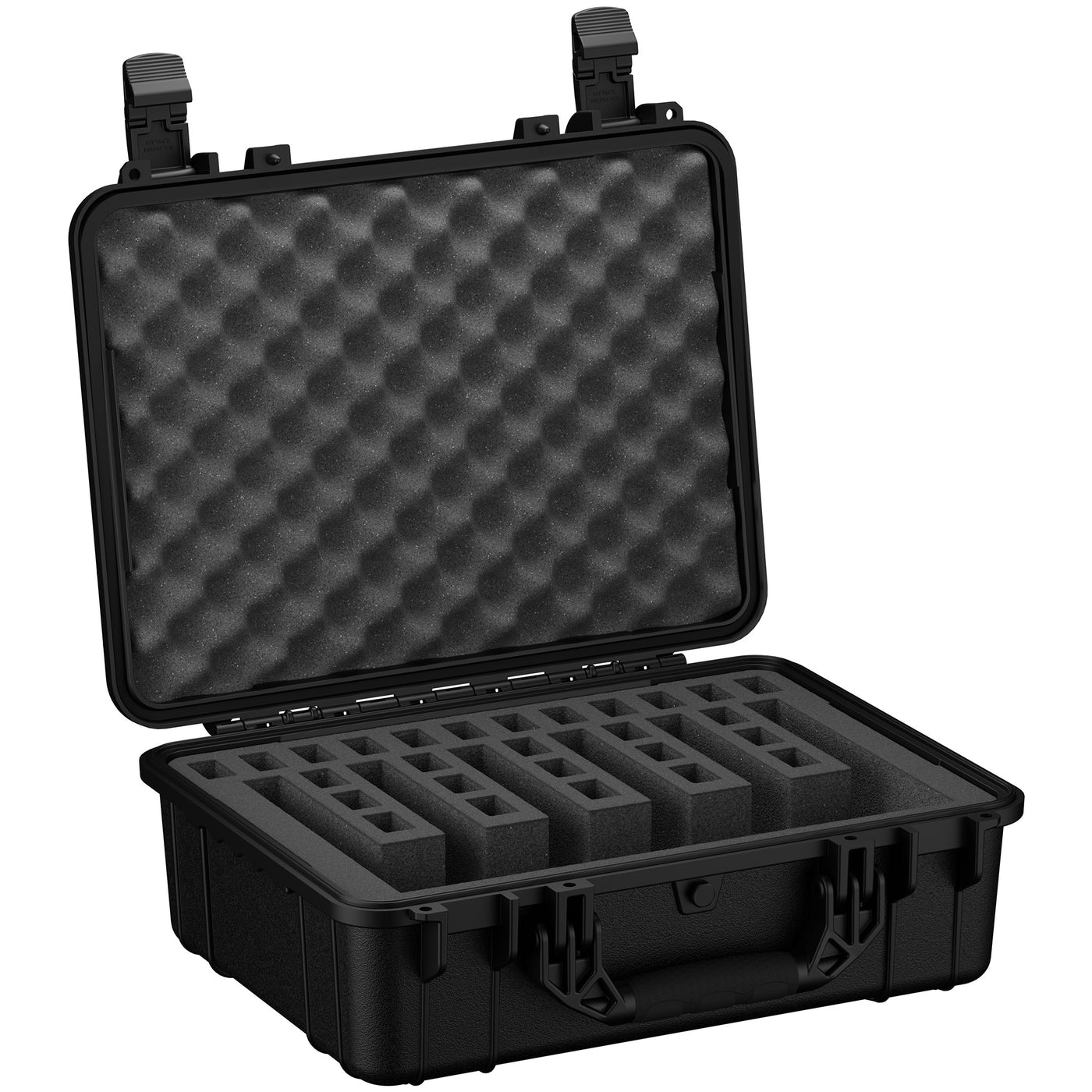 Alt text: "Open 20-inch black hard-shell pistol case with customizable foam inserts for securing six pistols, featuring dual locking latches and egg-crate foam padding in the lid for added protection."