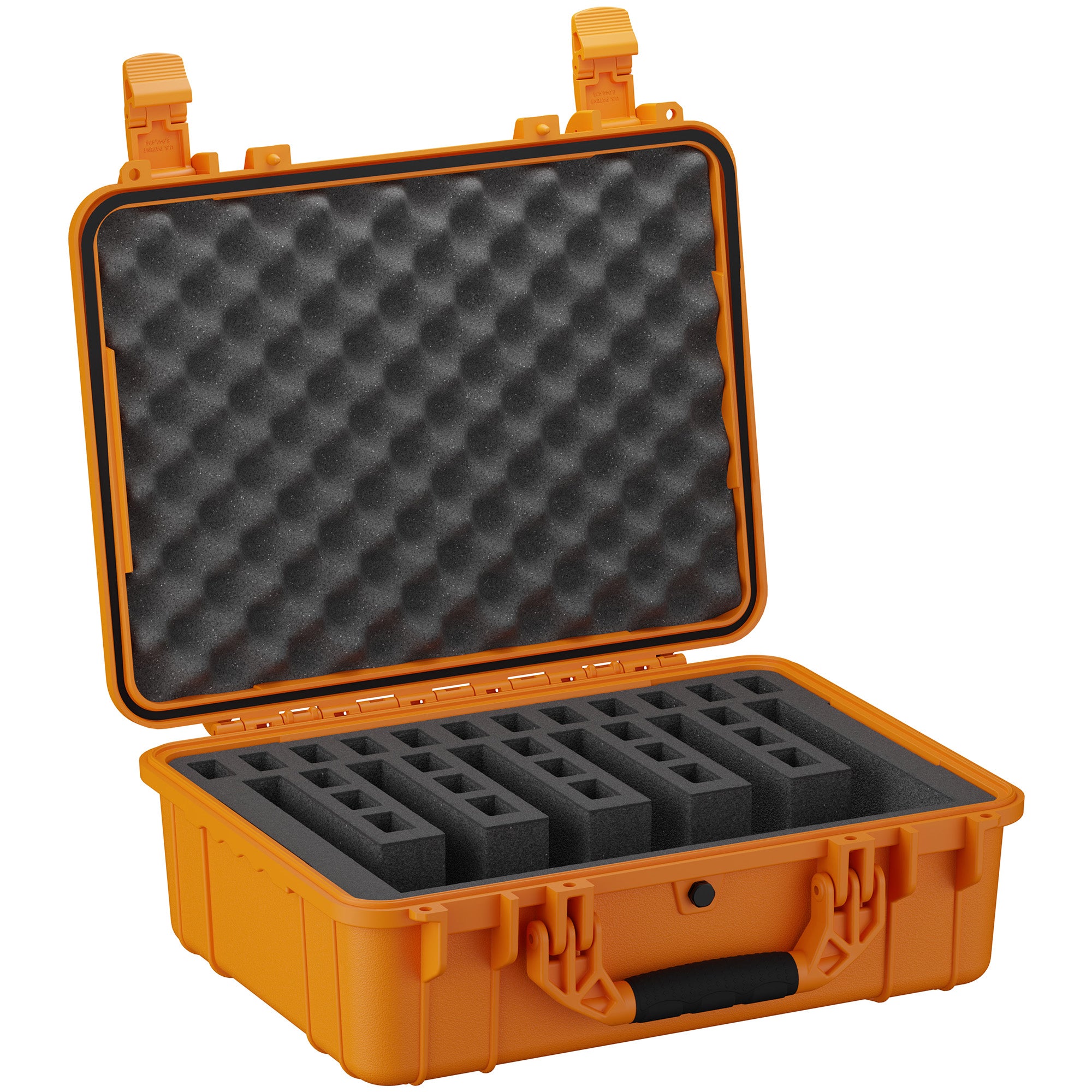 Alt text: "Bright orange, 20-inch hard case for six pistols, open to show protective foam interior and individual slots, model #227."