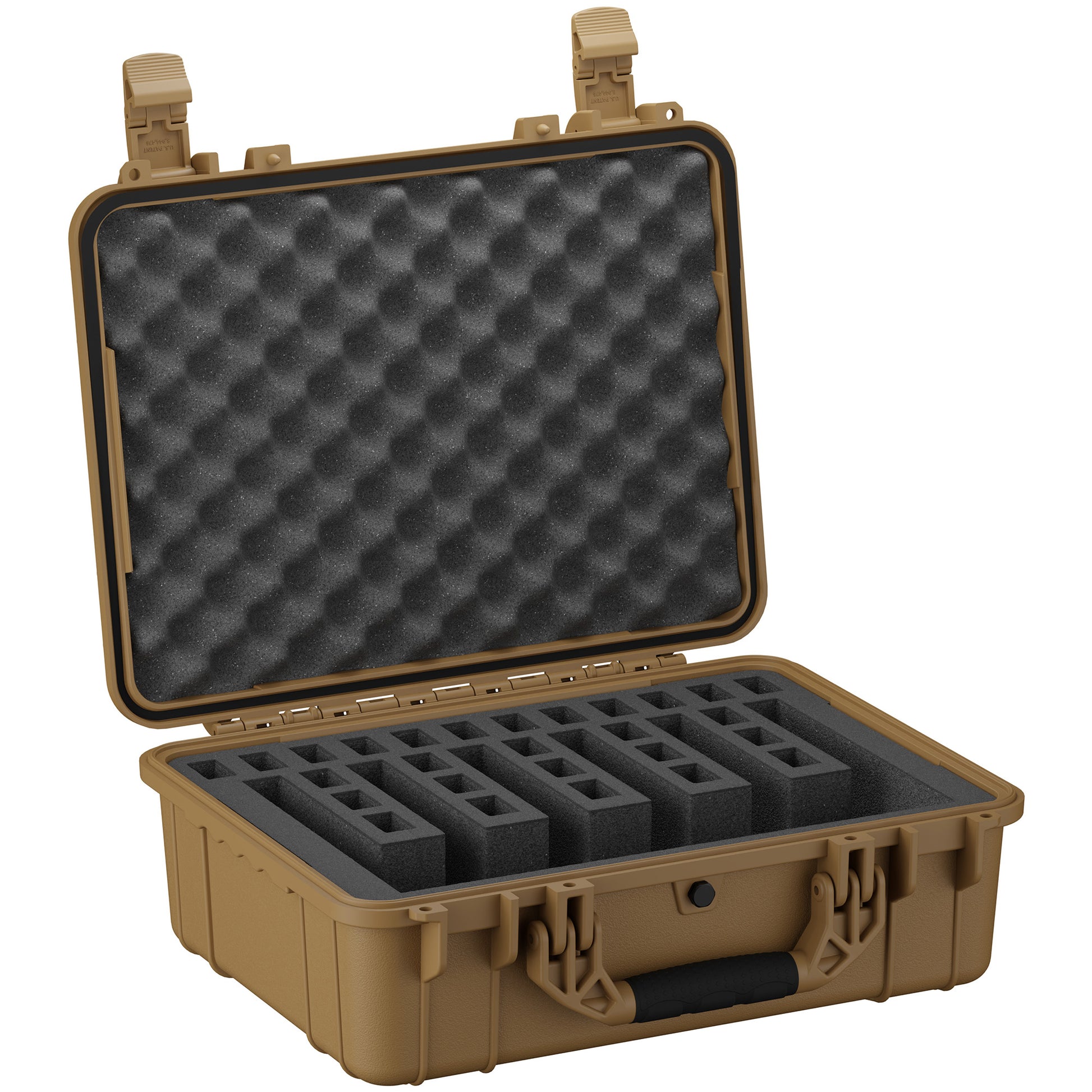 Alt text: "20-inch tan hard shell pistol case, model #227, open to reveal foam cutouts for six pistols and additional accessories, with egg-crate foam padding on the interior of the lid."