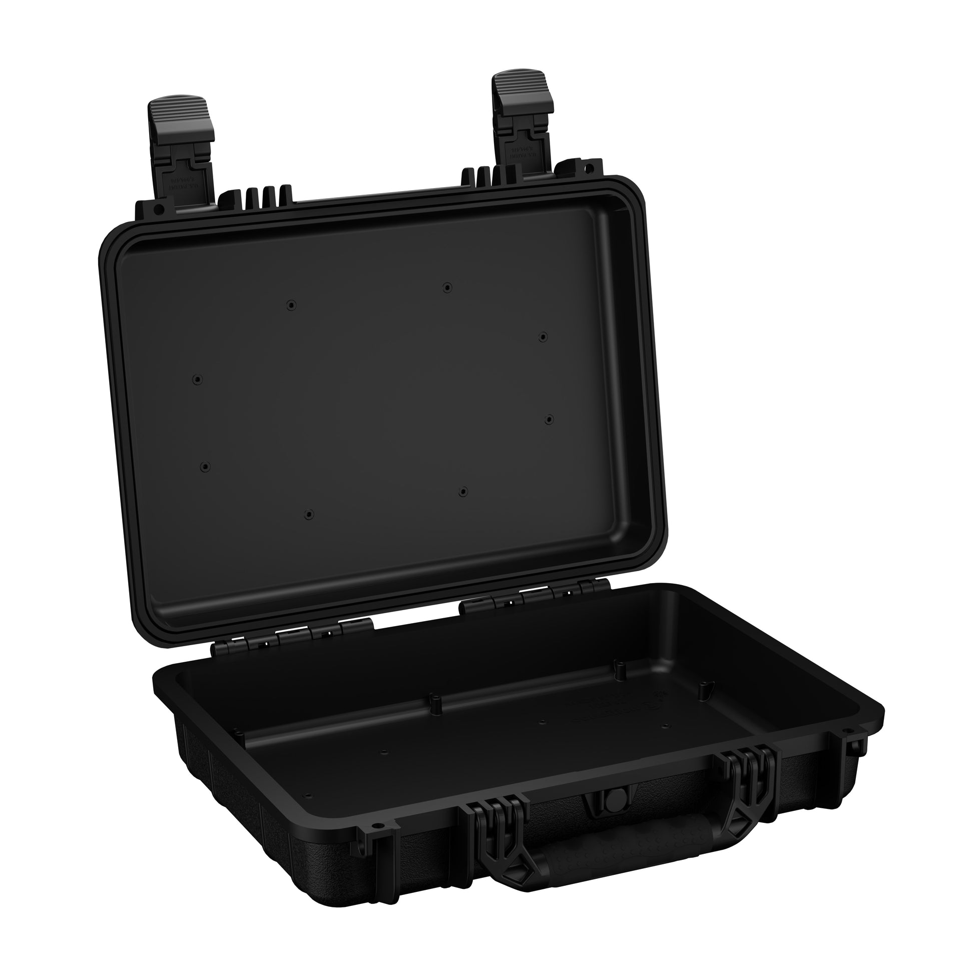 Open black medium-sized hard case with durable clasps, model number 162, showing the empty interior and sturdy exterior design, ideal for protecting valuable equipment.