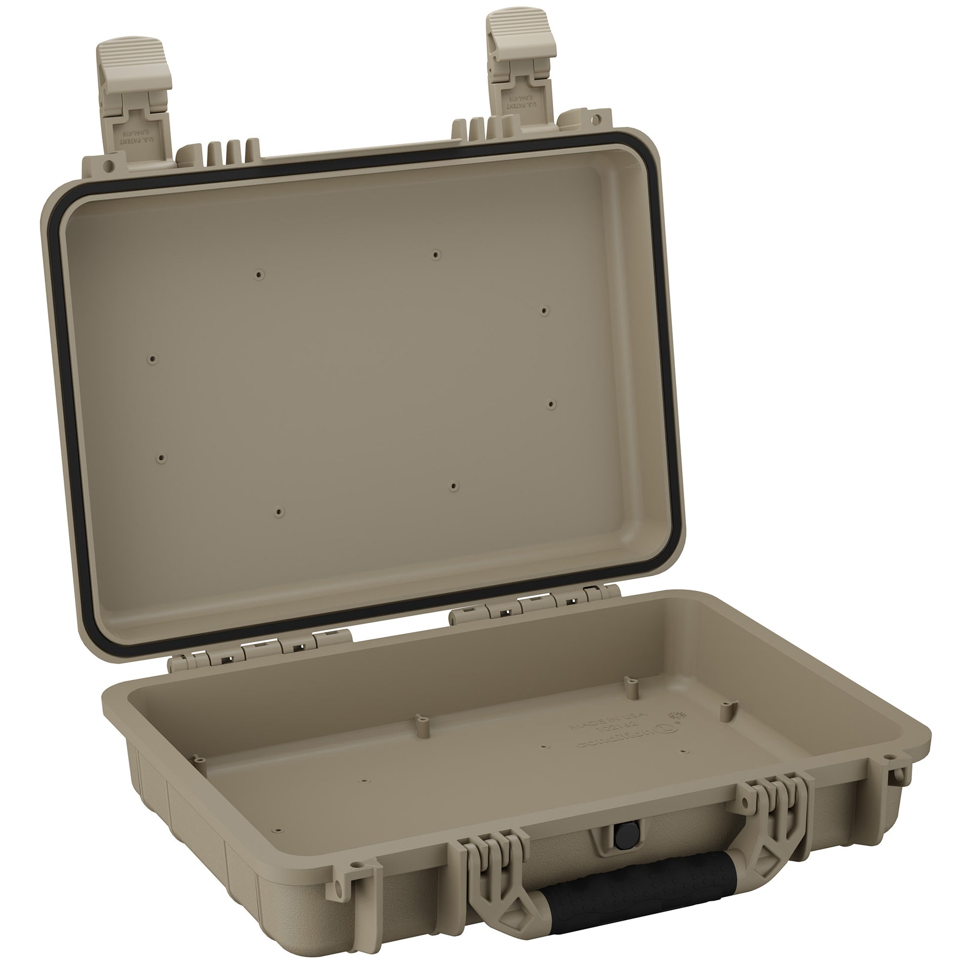 Beige 17-inch medium-sized rugged case with open lid, featuring sturdy latches and a reinforced design for enhanced durability and protection.