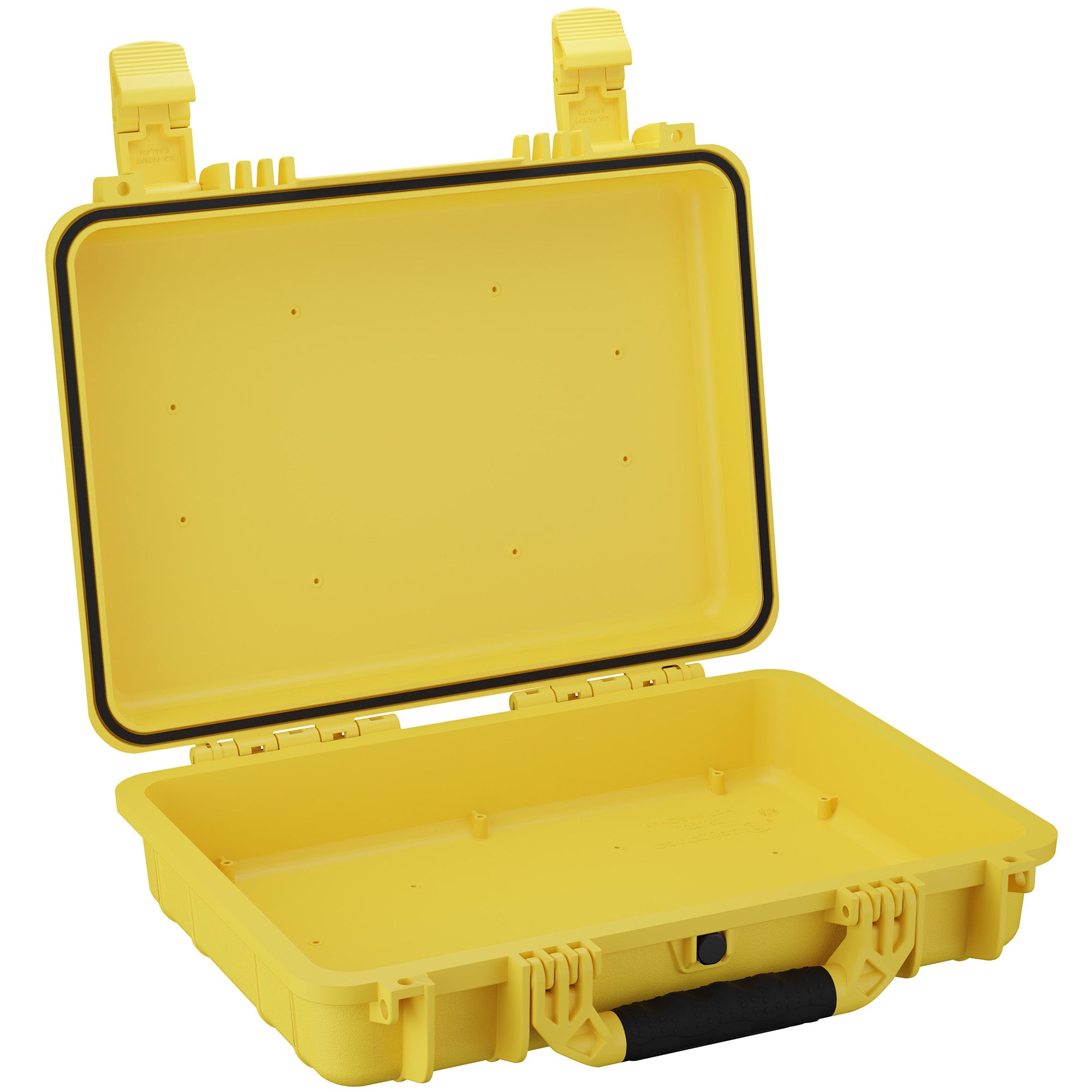 Yellow 17-inch medium utility case with durable clasps and a rigid handle, open to display the interior.