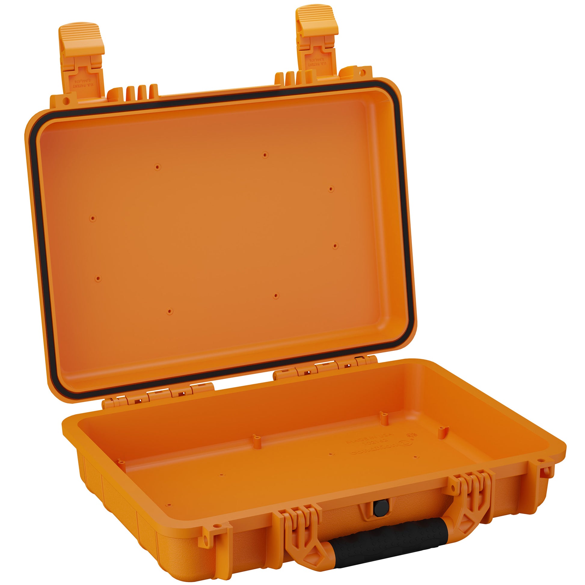 Open medium-sized orange protective hard case, 17 inches, featuring durable latches and a solid handle, designed for secure storage and transportation of sensitive equipment.