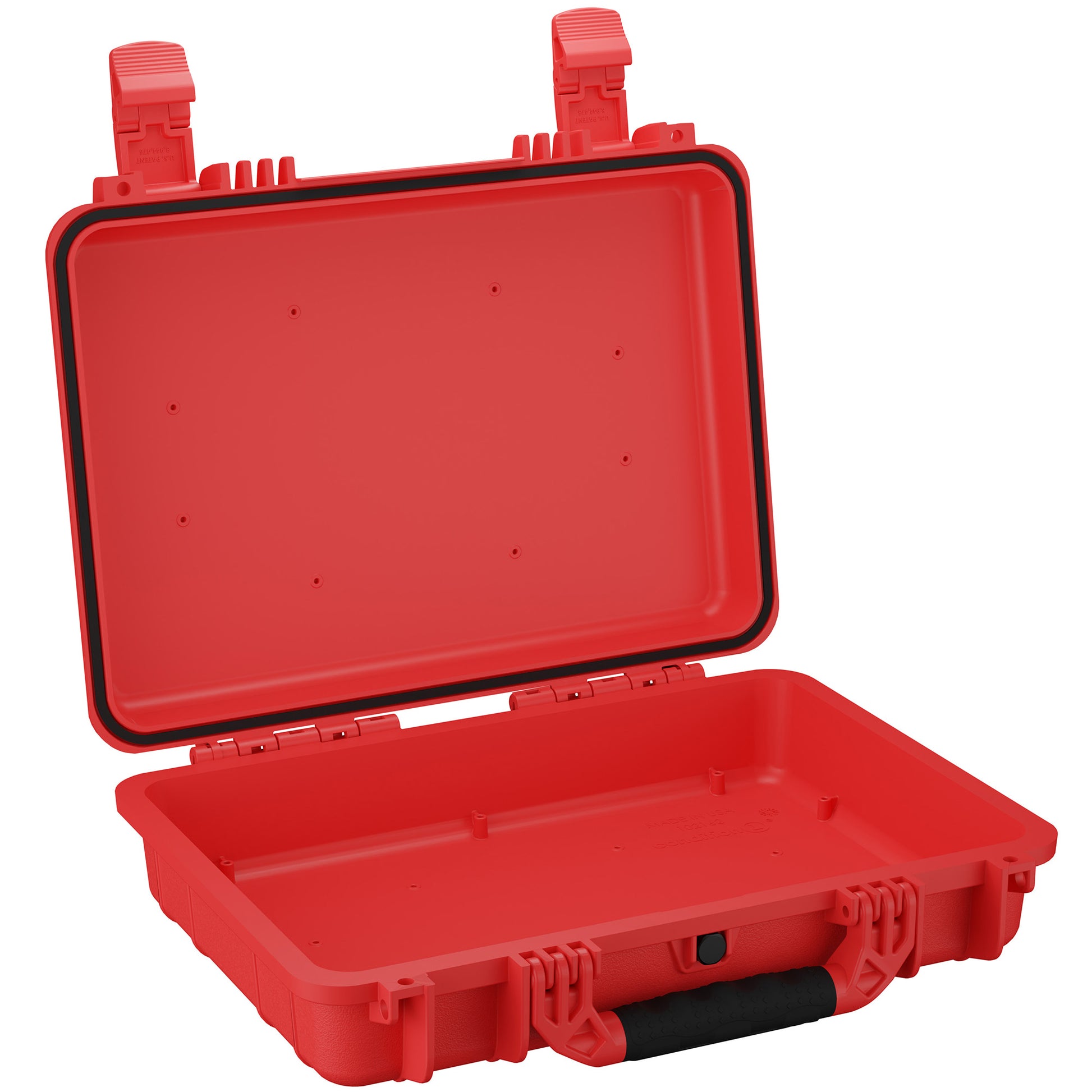 Red 17-inch medium-sized hard case with open lid revealing empty interior, featuring secure latches and a robust handle for carrying.