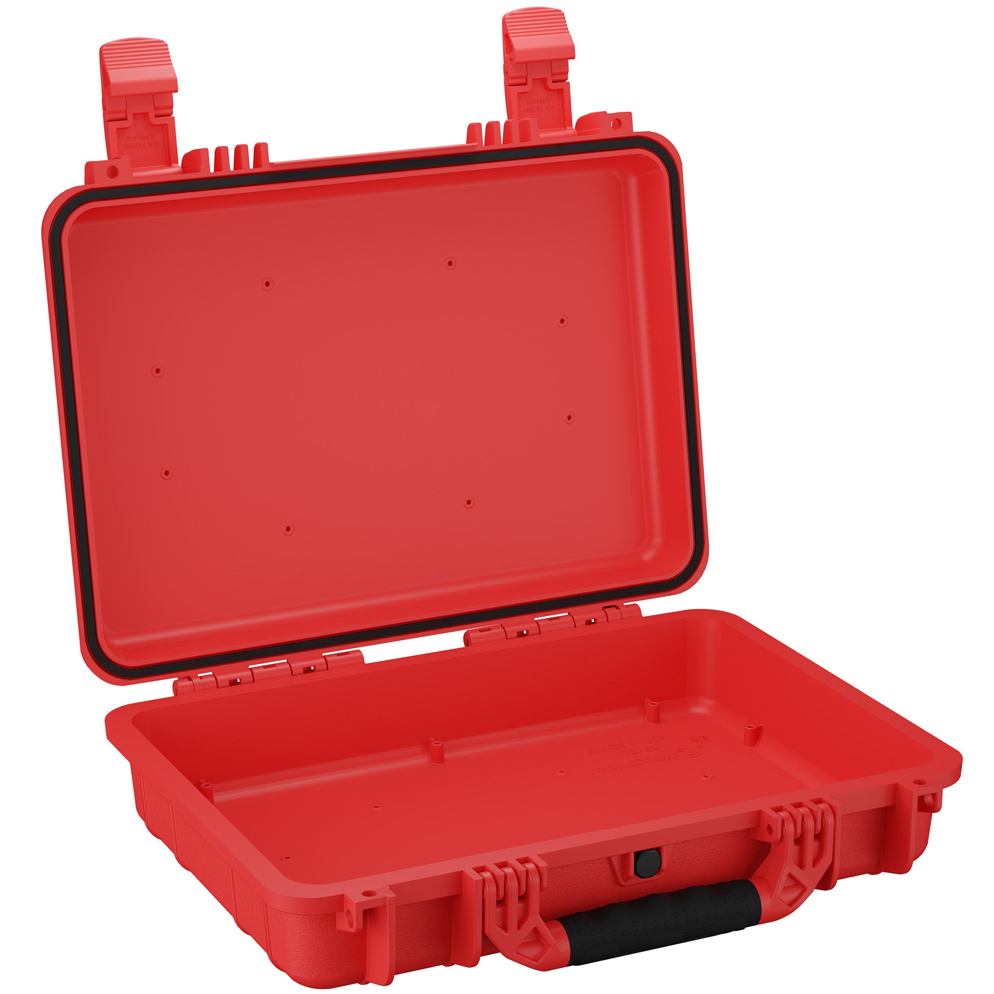 Red 17-inch medium-sized hard case with open lid revealing empty interior, featuring secure latches and a robust handle for carrying.