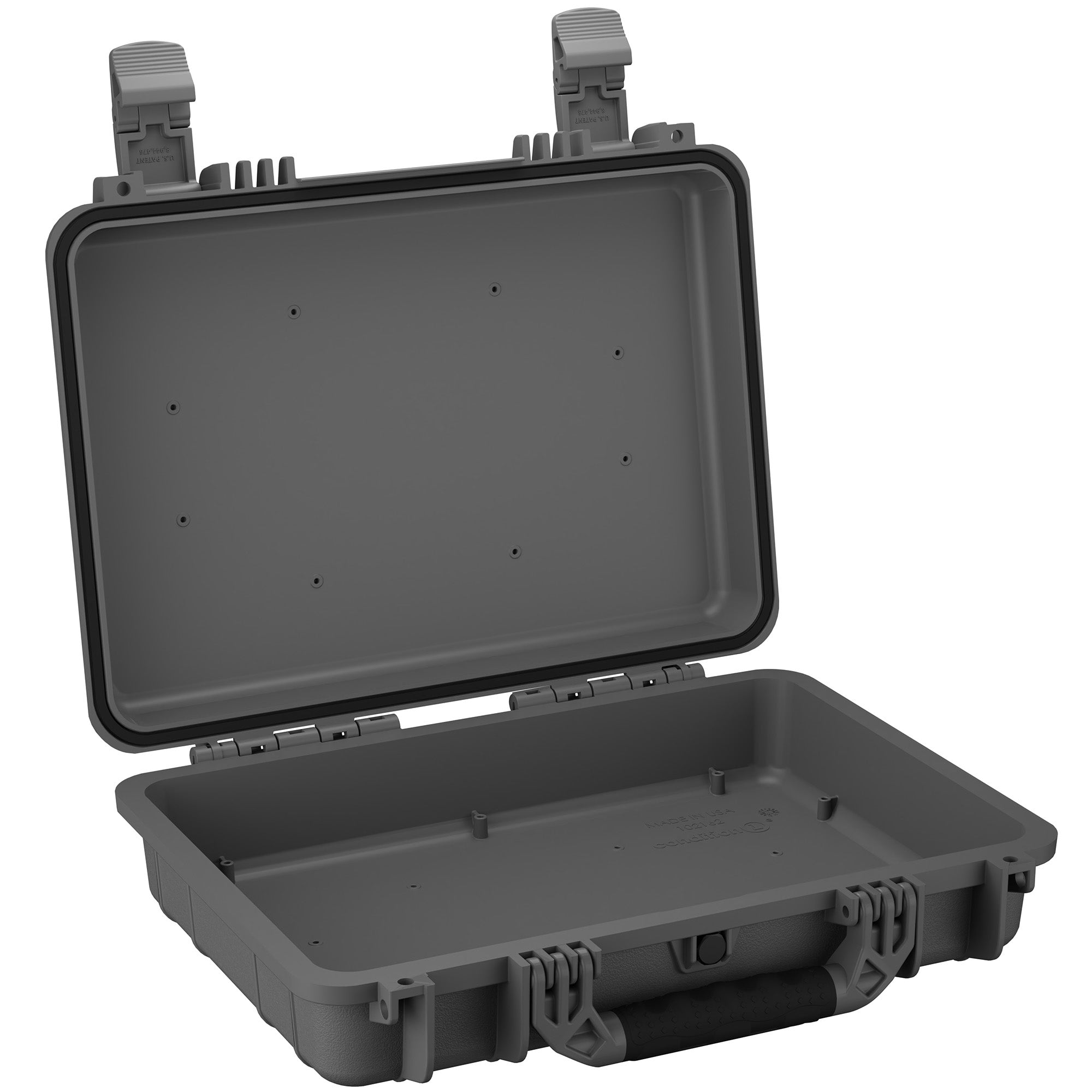 Open 17-inch medium gray protective hard case with durable clasps and a flat, foam-lined interior, suitable for sensitive equipment storage and transport.