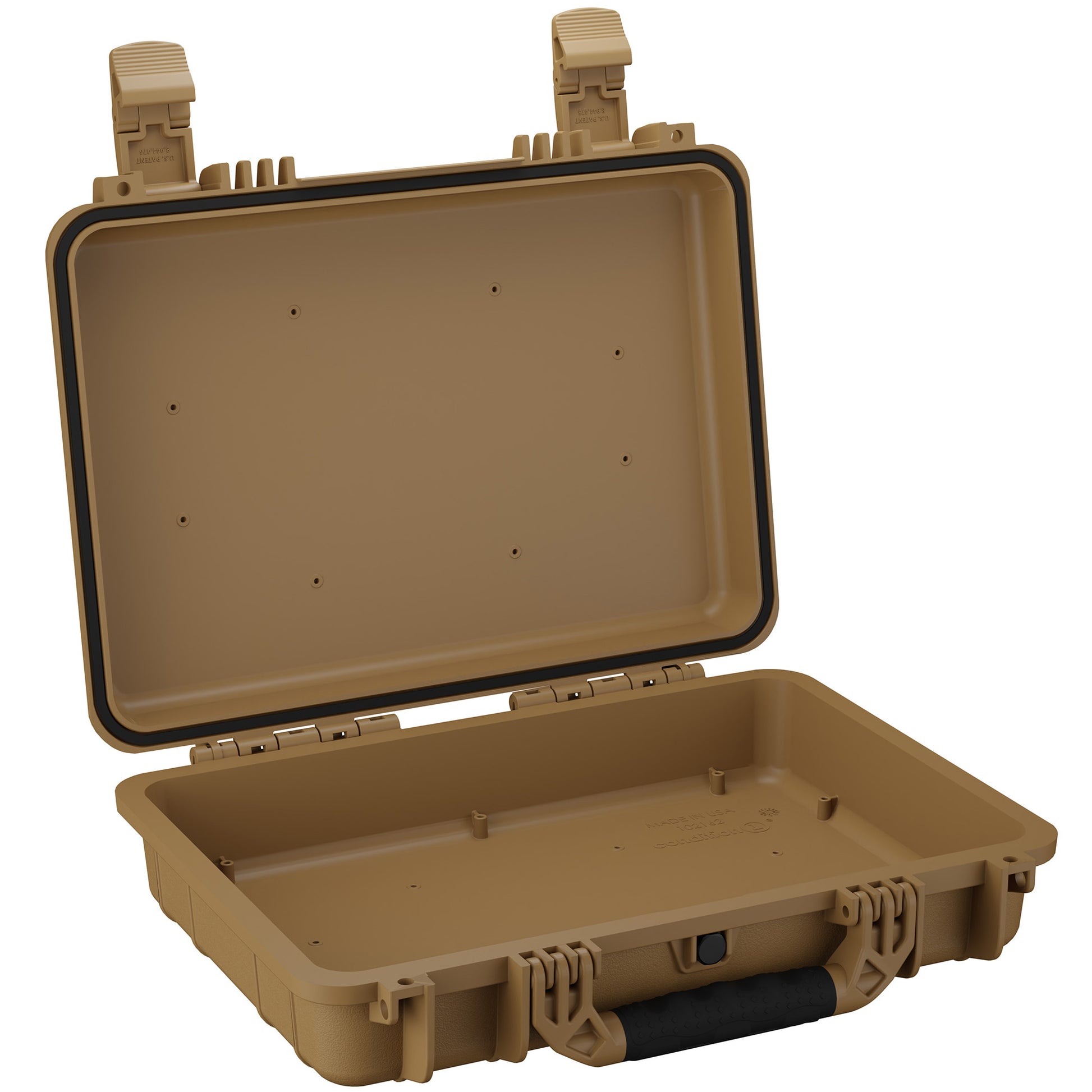 Open 17-inch medium-sized rugged utility case in tan color, showcasing durable latches, a sturdy handle, and a smooth, unblemished interior surface suitable for customization.