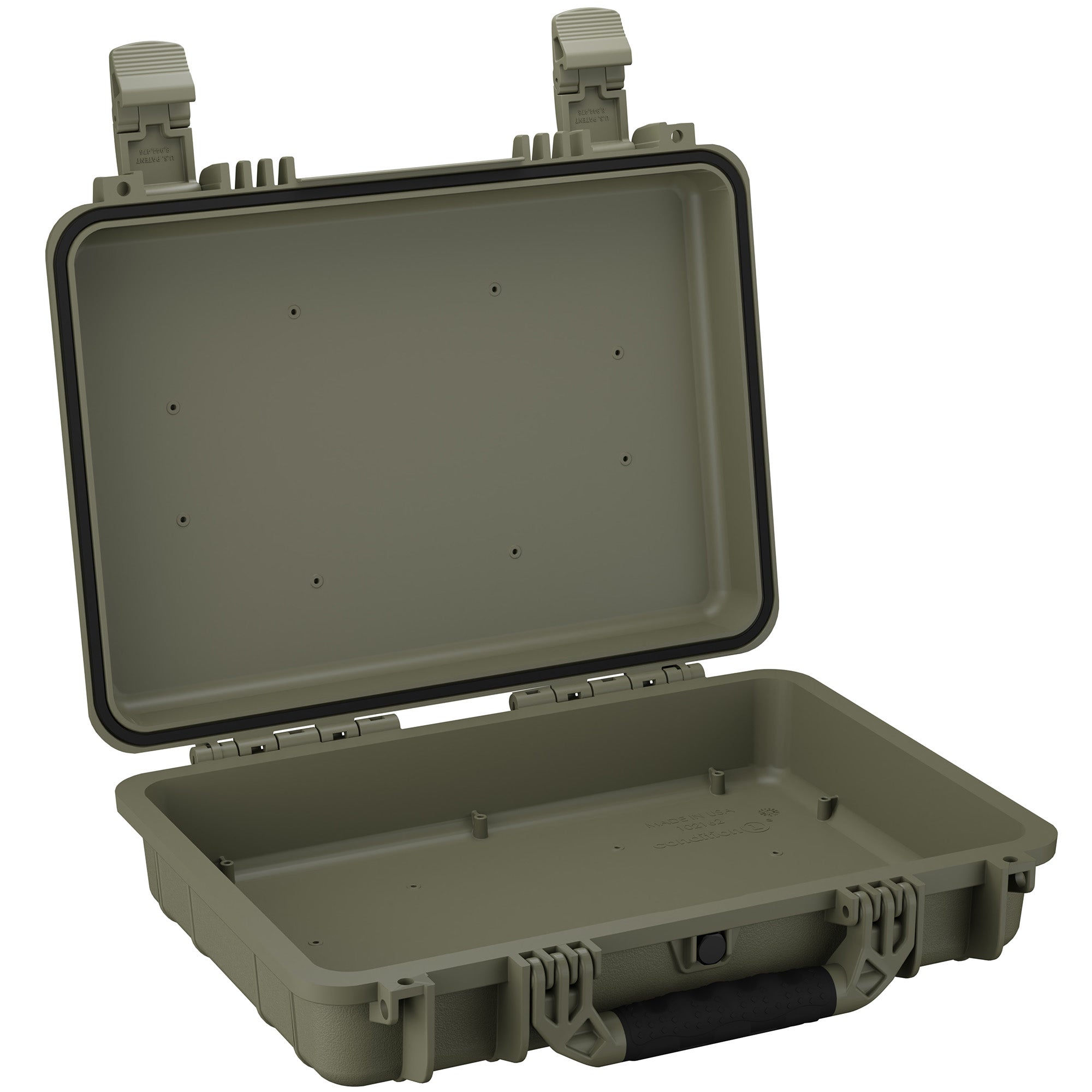 Olive green, medium-sized, 17-inch protective case with dual latches open, showing the empty, undivided interior.