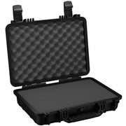 Black protective medium-sized case, 17 inches, open, showing its wave foam interior and sturdy double latching system.