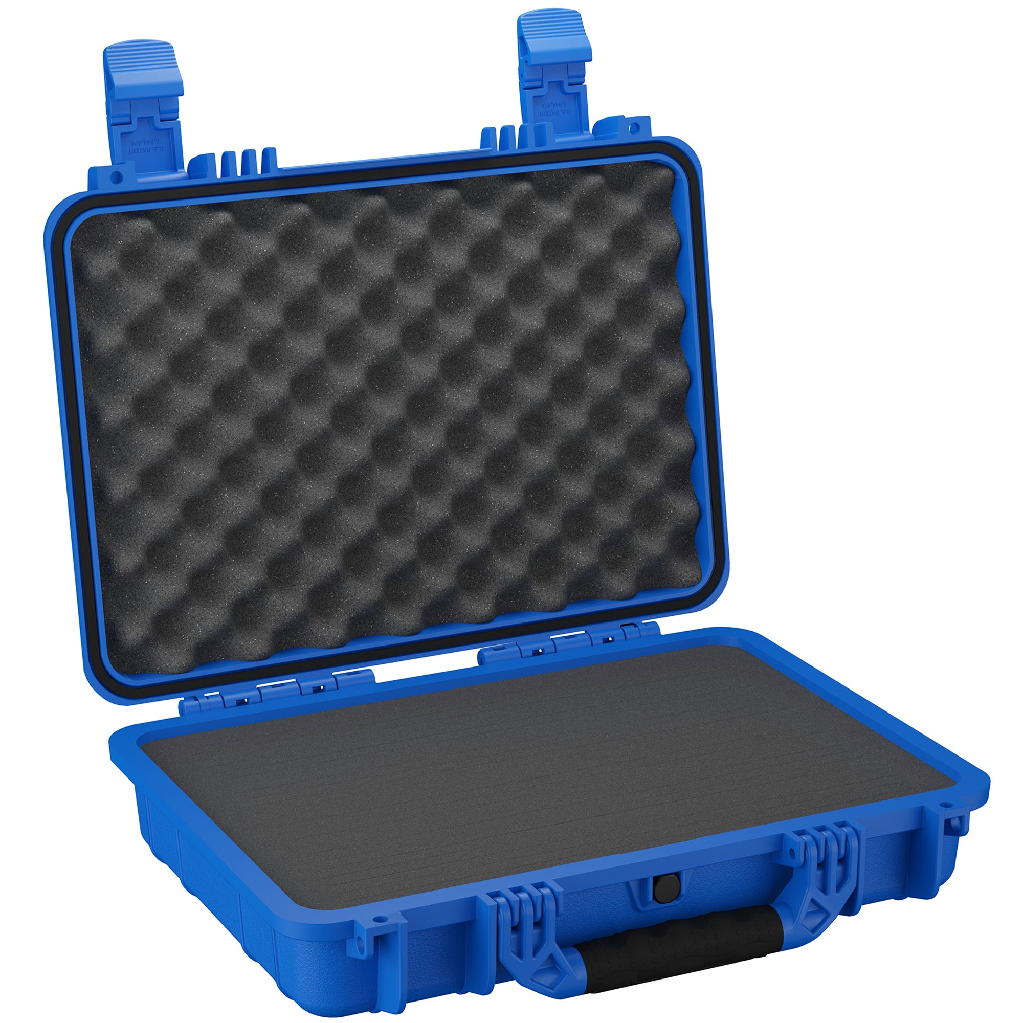 Blue protective equipment case open, displaying foam interior with egg-crate lid and flat foam base, sturdy latches visible, designed for transporting and securing delicate items.