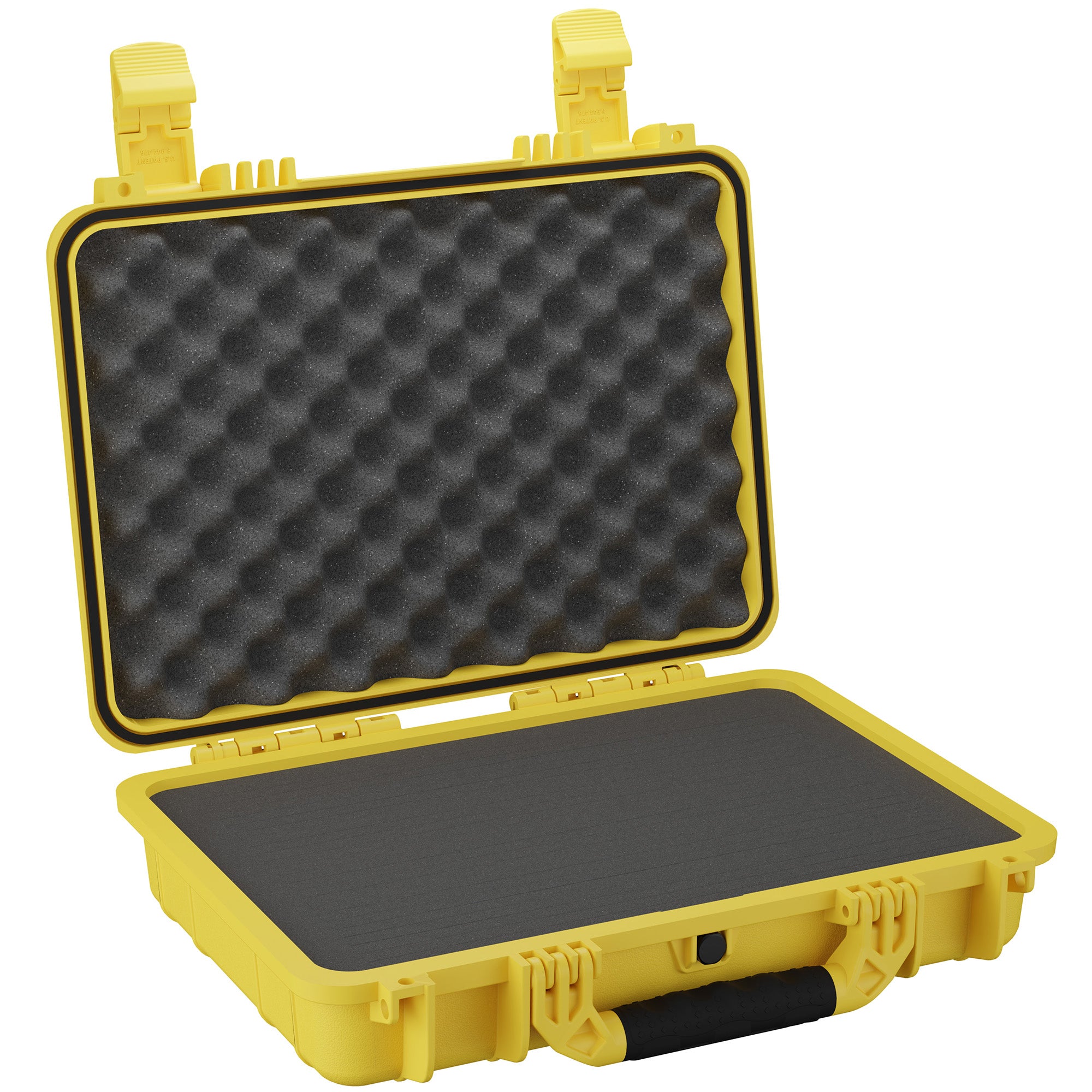 Yellow, 17-inch medium protective hard case open to display dense foam interior, featuring convoluted foam lid and flat foam base, equipped with sturdy latches and handle for secure transport.